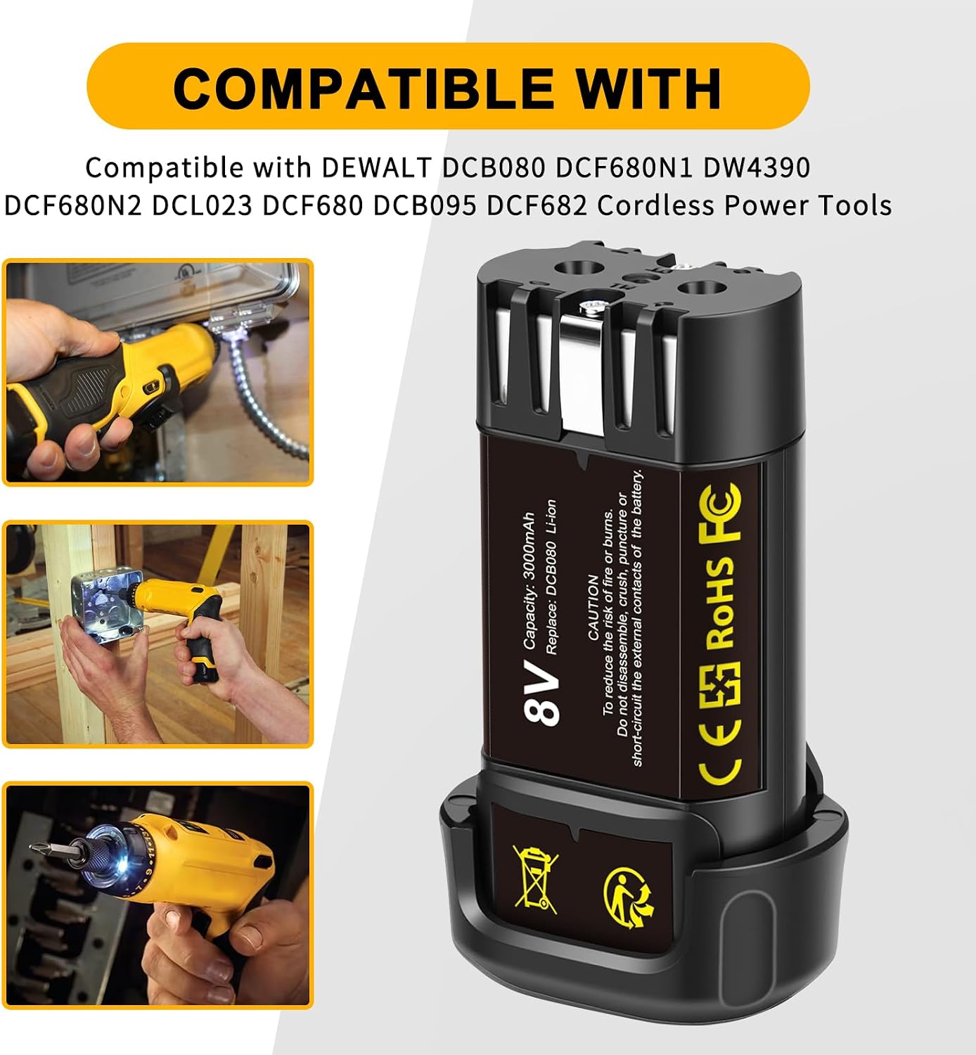 2 Pack 3000mAh 8V Li-ion Replacement Battery Compatible with DEWALT DCB080 DCF680N1 DW4390 DCF680N2 DCL023 DCF680 DCB095 DCF682 Cordless Power Tools