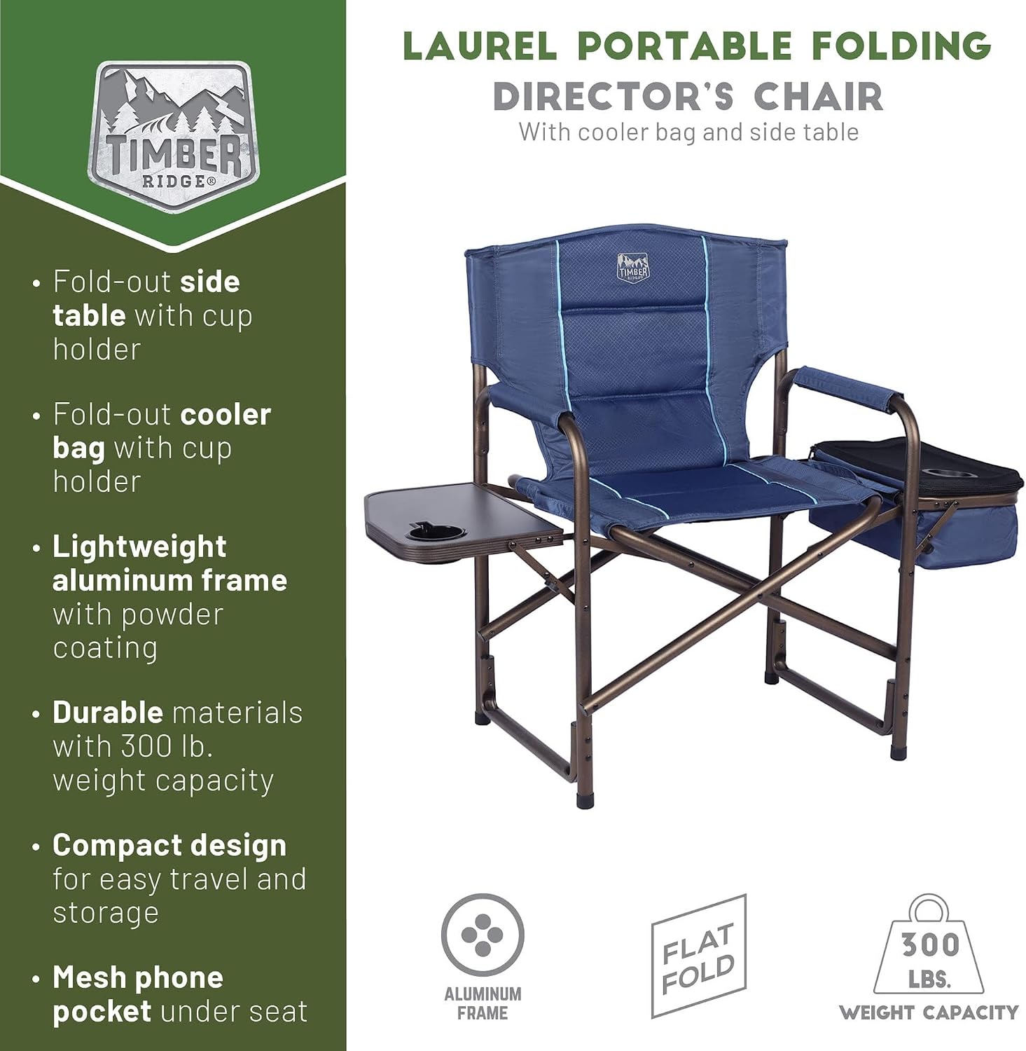 TIMBER RIDGE Lightweight Camping Chair, Portable Laurel Director's Chair with Foldable Side Table, Cooler Bag & Mesh Pocket, Compact Outdoor Folding Lawn Chair, Supports 300lbs, Grey