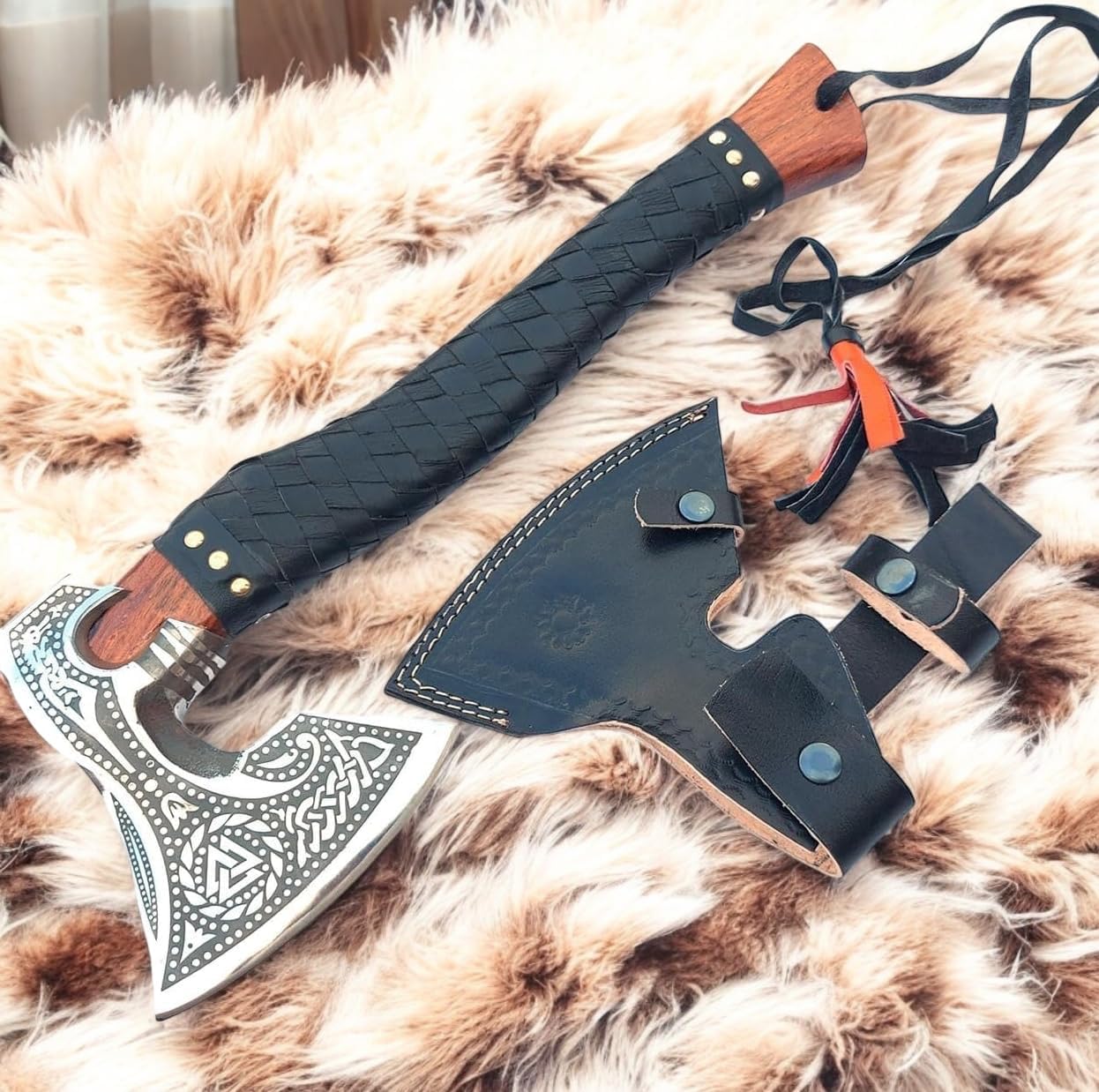 Poshland AX-7000 Custom Gift Forged Carbon Steel Viking Axe with Rose Wood Shaft, Viking Bearded Camping Axe