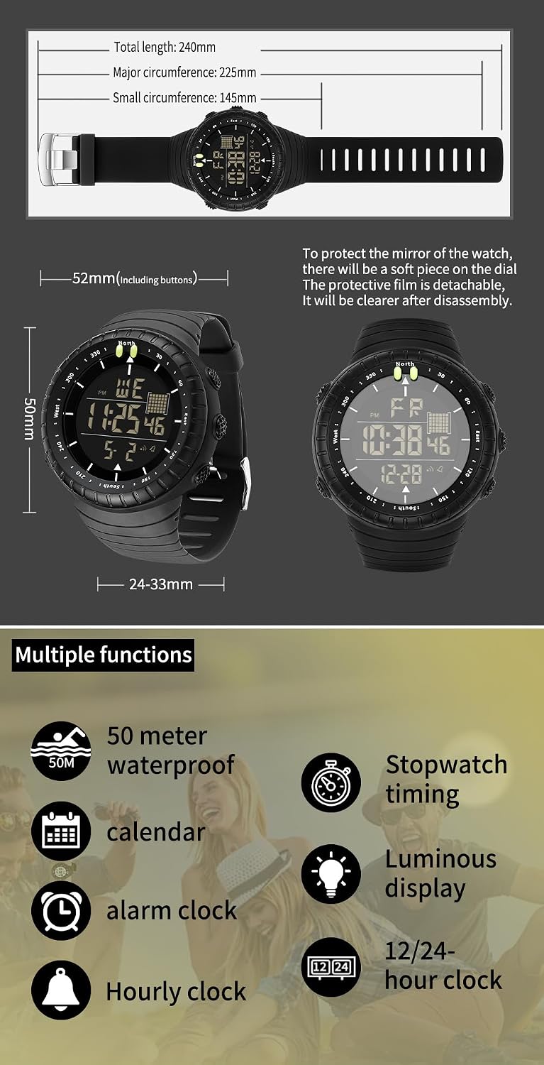Gosasa Men Sport Watch Countdown Stopwatch Watch Mens Wrist Watch Waterproof LED Electronic Digital Male Watch 12/24 Hour Multifunctional Watch