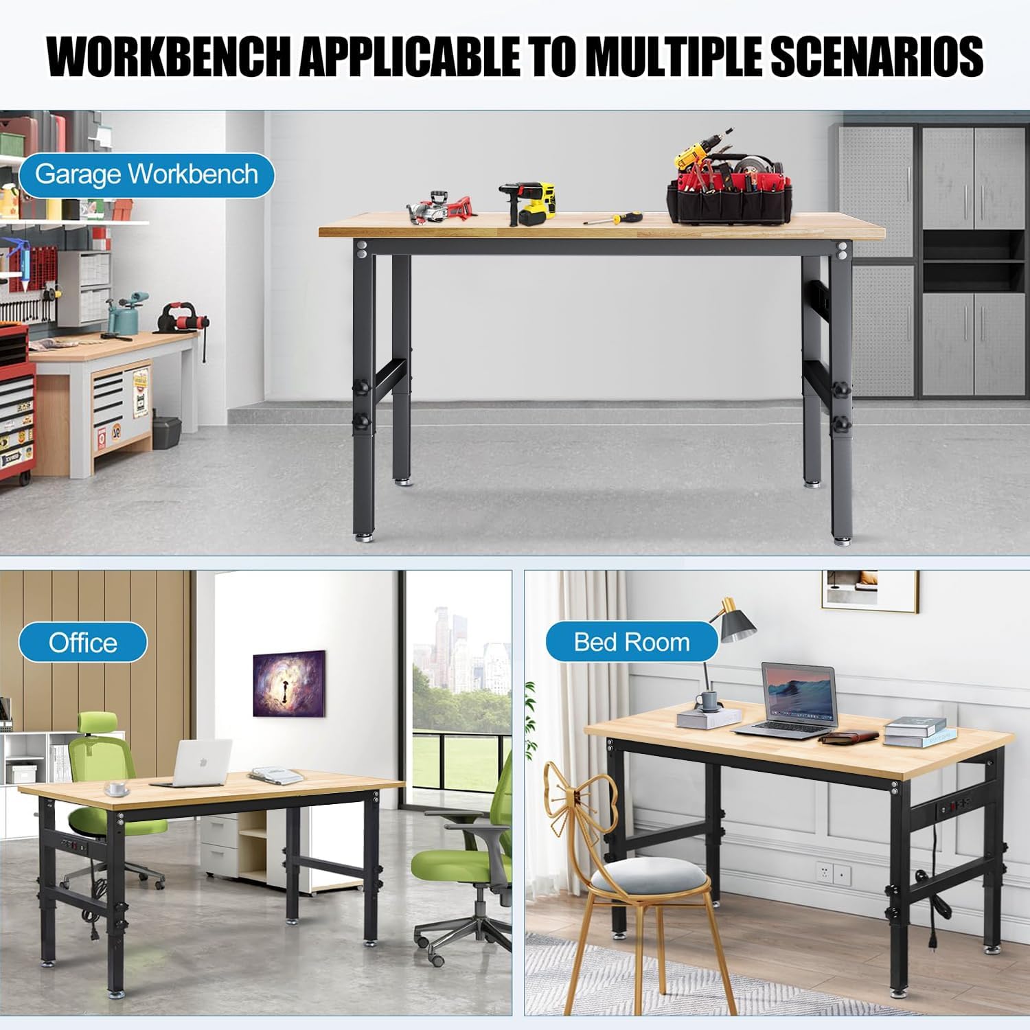 60in Adjustable Height Workbench Desk with Drawers,Power Outlets, Rubber Wood Top Heavy-Duty Work Table, 2000 LBS Load Capacity Work Station for Garage, Workshop, Office, Home