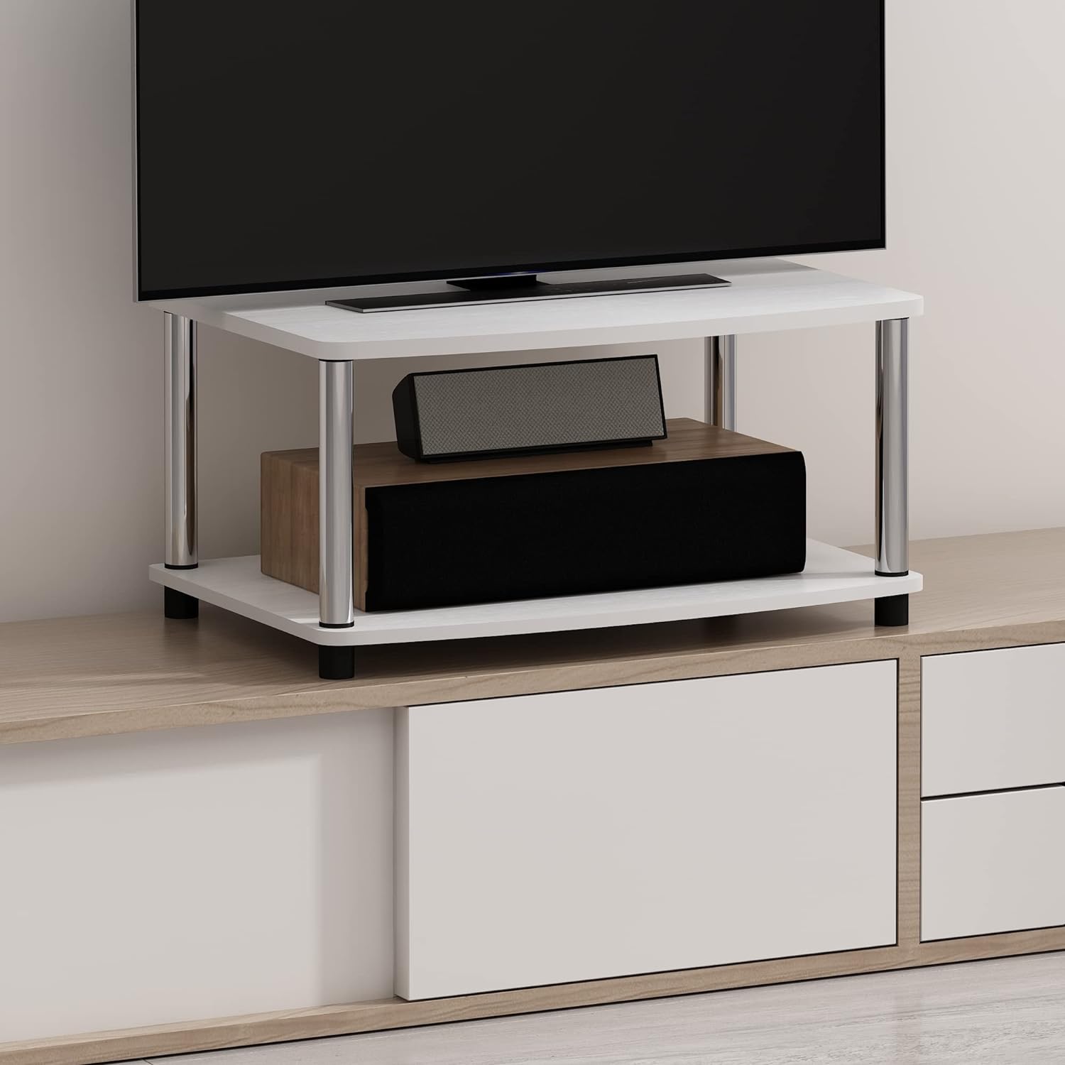 Furinno Turn-N-Tube TV Riser Stand, 2-Tier Small Elevated No Tools TV Stand, TV Console for TV up to 32 inch, 15.8 x 23.8 x 11, for Living Room, Bedroom, French Oak/Black