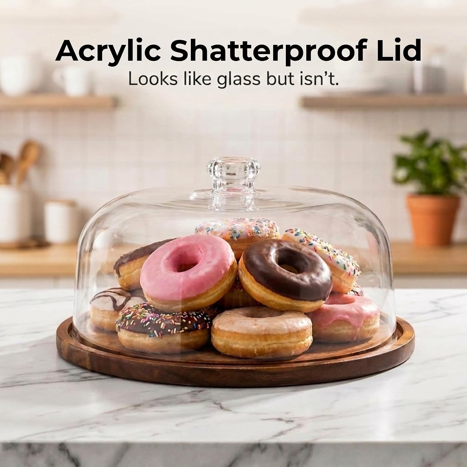 Godinger Cake Stand, Cake Plate Server Platter with Dome, Acacia Wood and Shaterproof Acrylic Lid