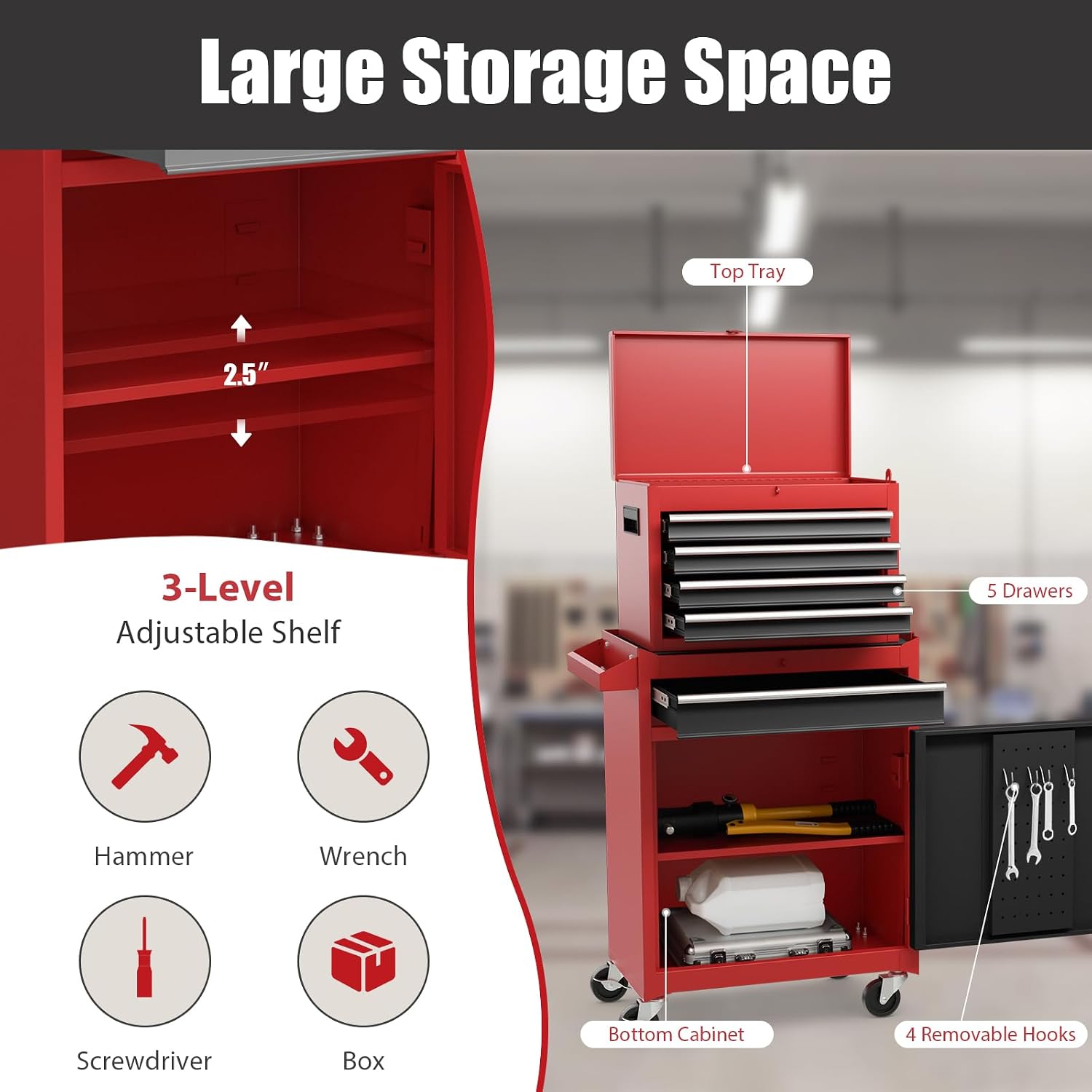 Goplus Rolling Tool Chest, 5-Drawer Tool Box Organizer w/Lockable Wheels & Sliding Drawers & Detachable Top & Adjustable Shelf, Tool Storage Cabinet for Garage Workshop (Red)