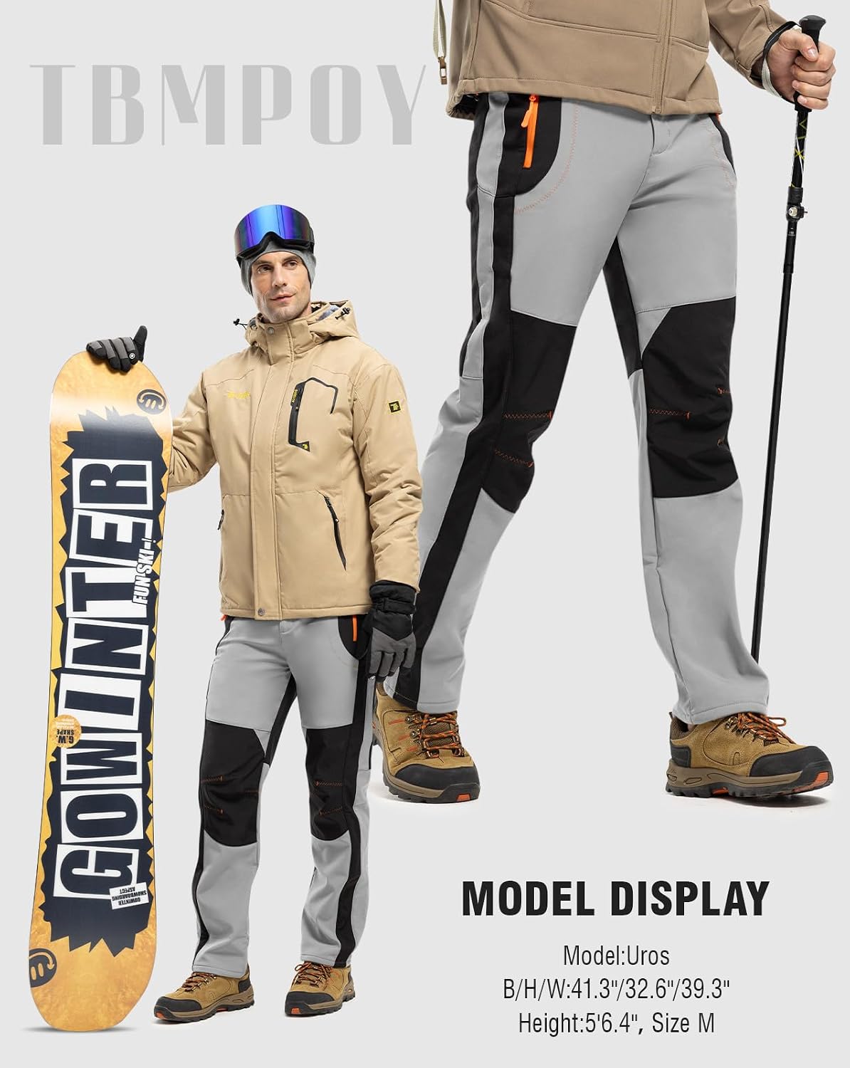 TBMPOY Men's Snow Ski Hiking Pants Waterproof Winter Fleece Lined Pants Camping Skiing Ice Fishing Pants with Belt