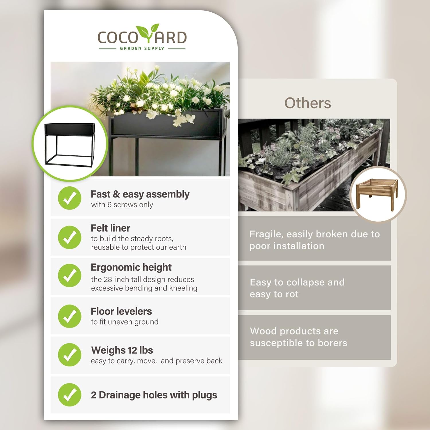 Cocoyard Metal Elevated Planter Box - 28" Raised Garden Bed with Legs for Indoor and Outdoor - Tall Rectangle Planter with Felt Liner