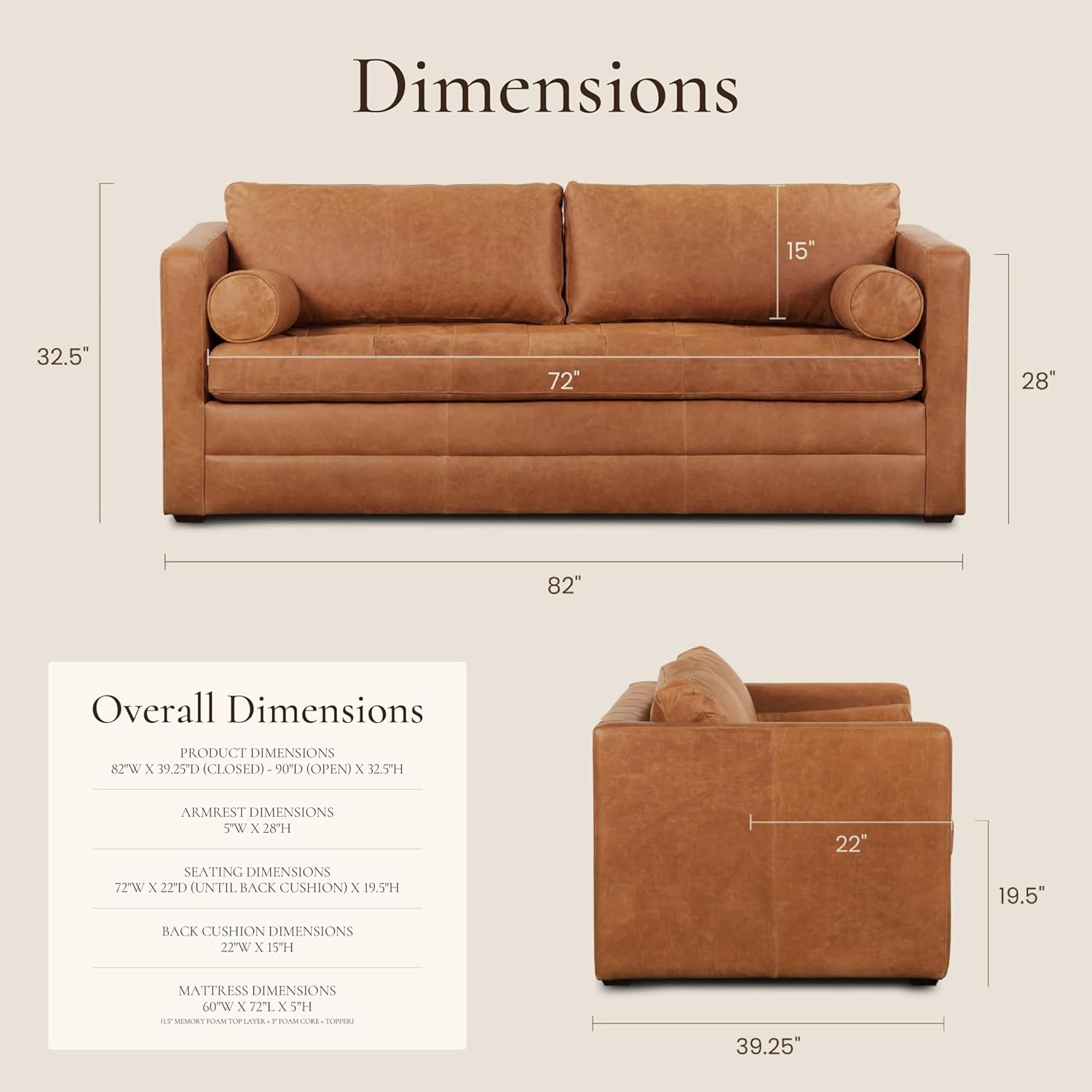 Poly & BARK 55" Tufted Leather Bed Bench for Bedroom End of Bed - Living Room Entry Way Bench - Pure Italian Leather Upholstery with a Solid Wood Frame - Ottoman Bench with Wooden Legs - Cognac Tan