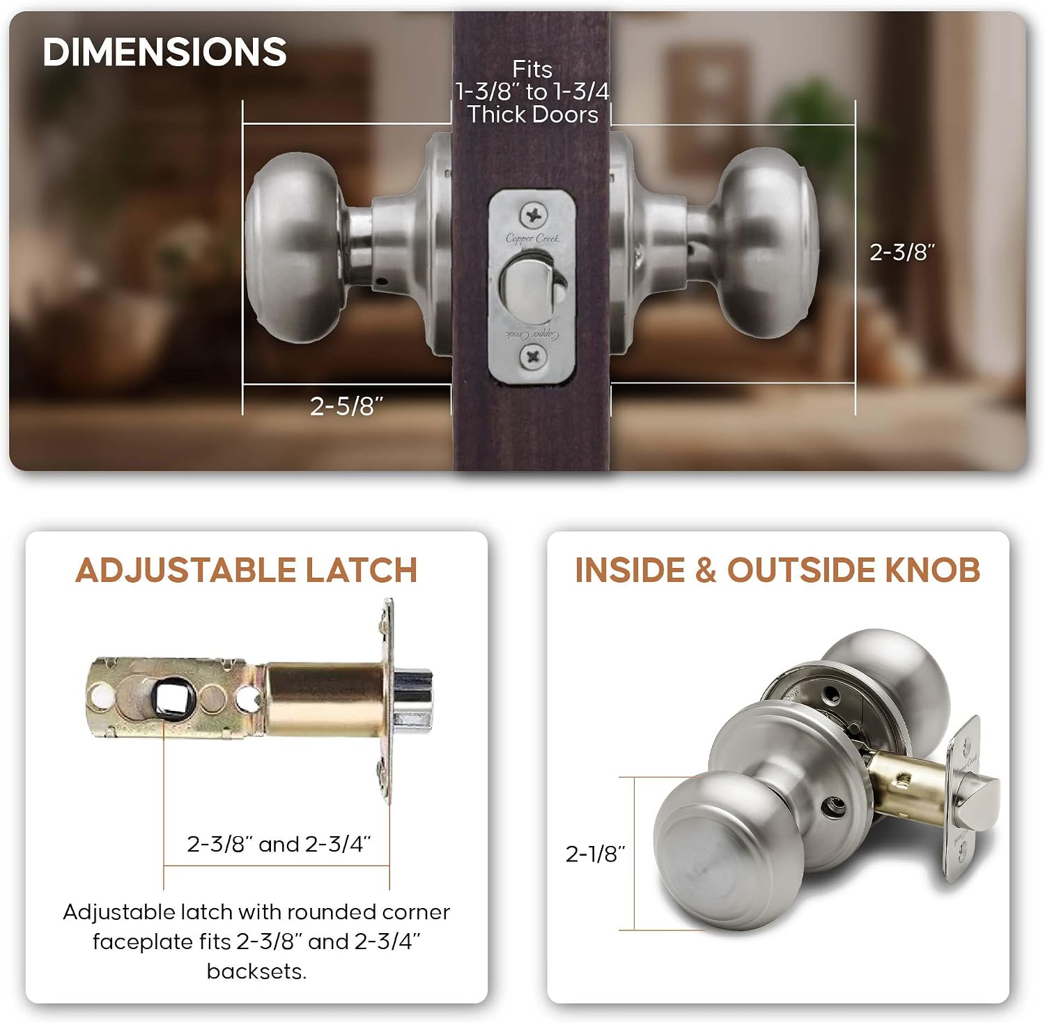 Copper Creek Colonial Privacy Interior Door Knob – ANSI Grade-3 Certified, Modern Heavy Duty Handle, Easy Install and Reversible for Bedroom, Bathroom and Closets – Satin Stainless (1 Pack)