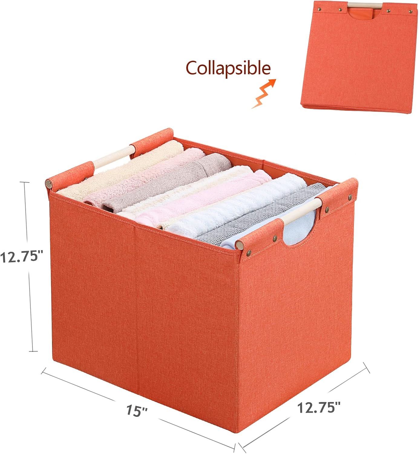 HOONEX Large Collapsible Storage Bins, Linen Fabric, 2 Pack, Storage Baskets with Wooden Carry Handles and Sturdy Heavy Cardboard, for Home, Office
