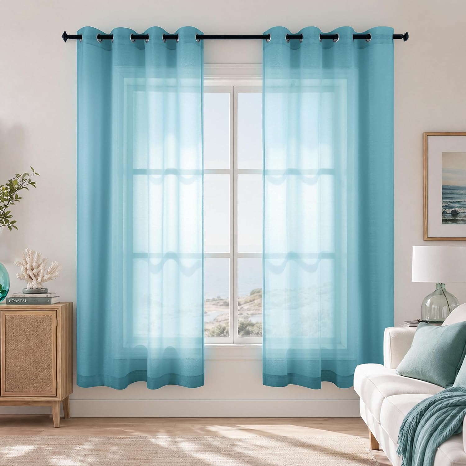 KOUFALL White Sheer Curtains 72 Inches Long for Bedroom Set of 2 Panels Grommet Faux Linen Window Voile Semi Baisc Decorative Sheer Curtains for