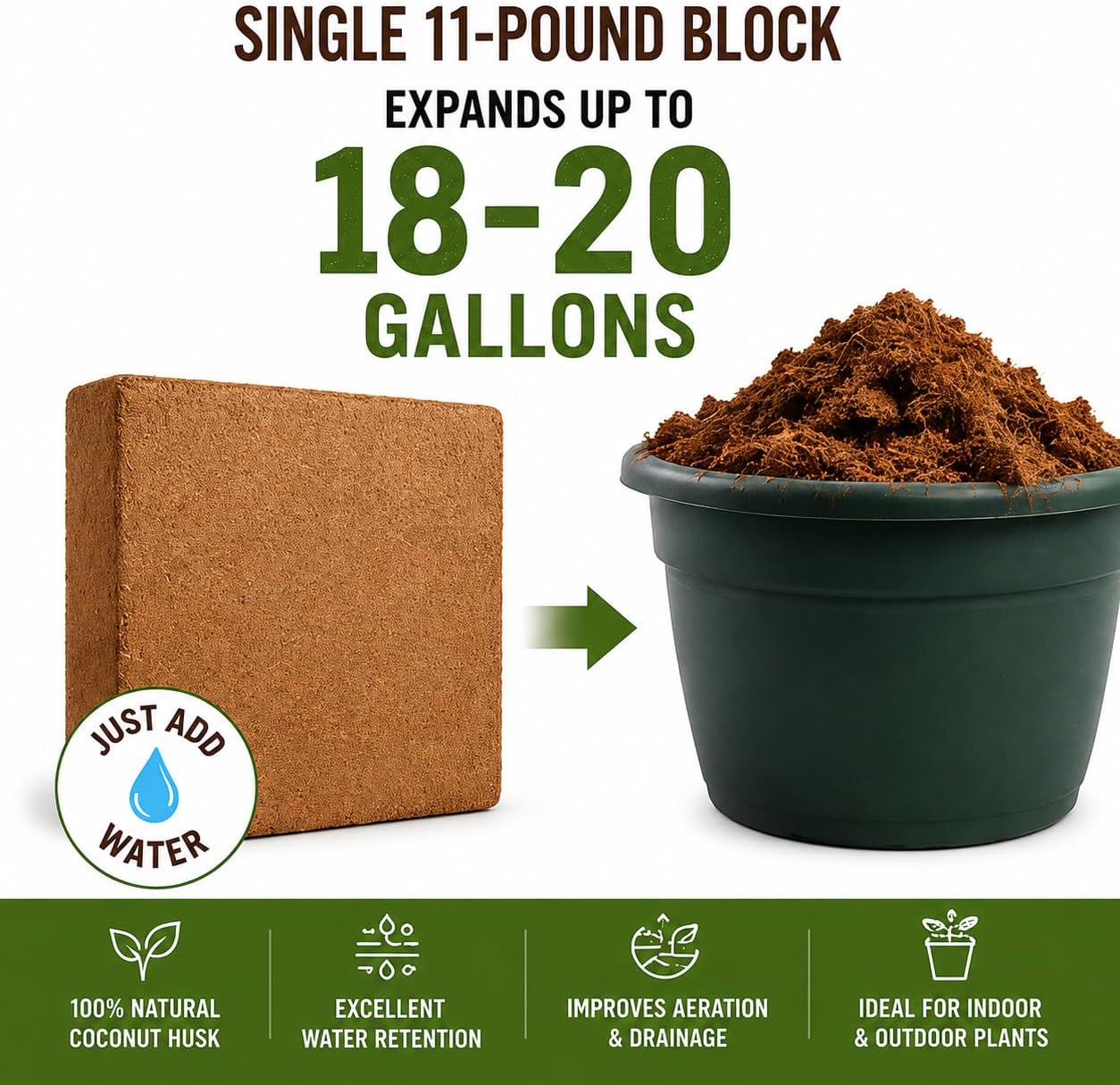 UBICON Organic Coco Coir Growing Medium 11 Pound Block | Expands to Approximately 20 Gallons | Ideal for Gardens and Raised Beds | Excellent