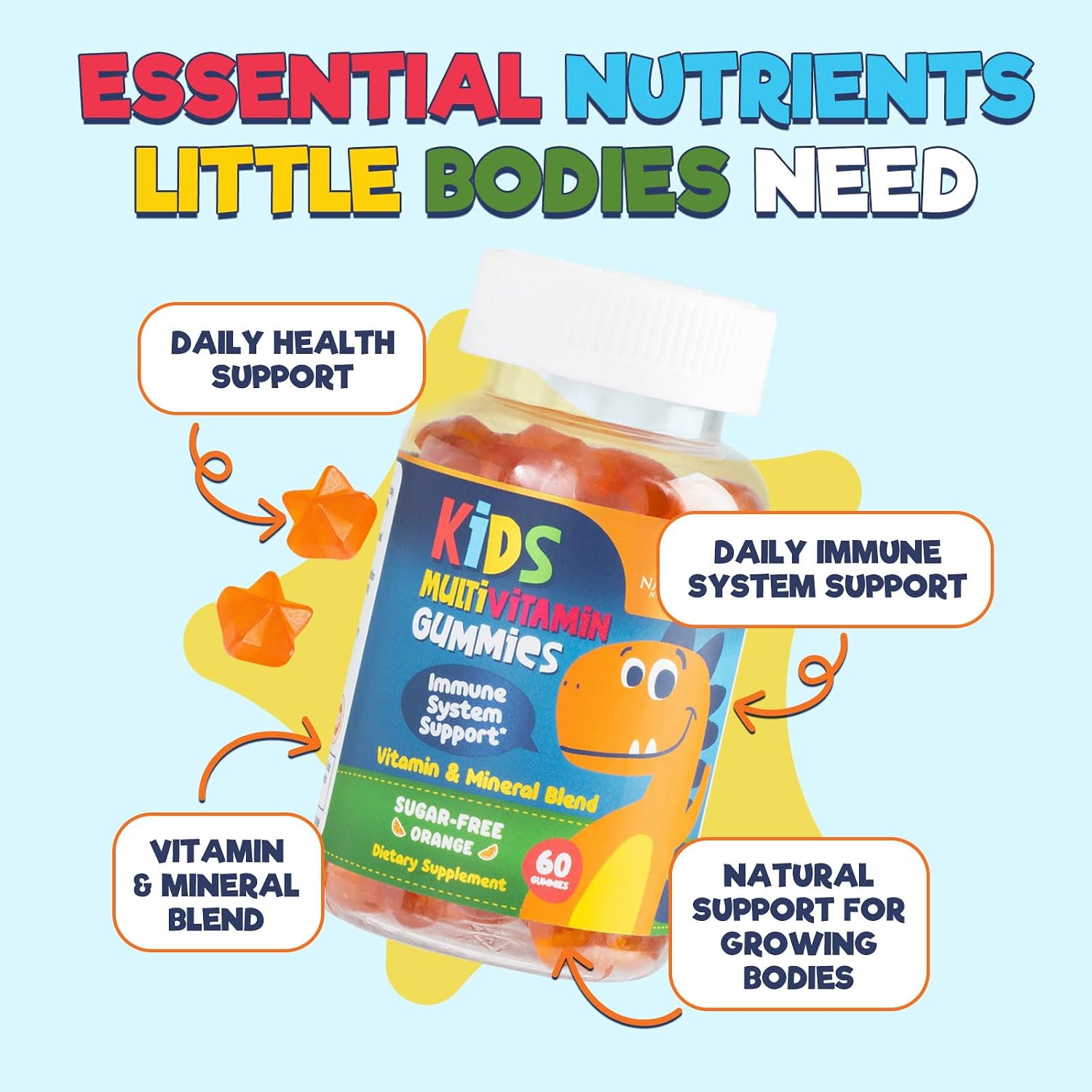 Kids Multivitamin Gummies - Sugar Free - Tasty Orange Flavor Gummy - Daily Immune Support with 100% Vitamin B12 - Essential Vitamins A, C, D3, E, B6