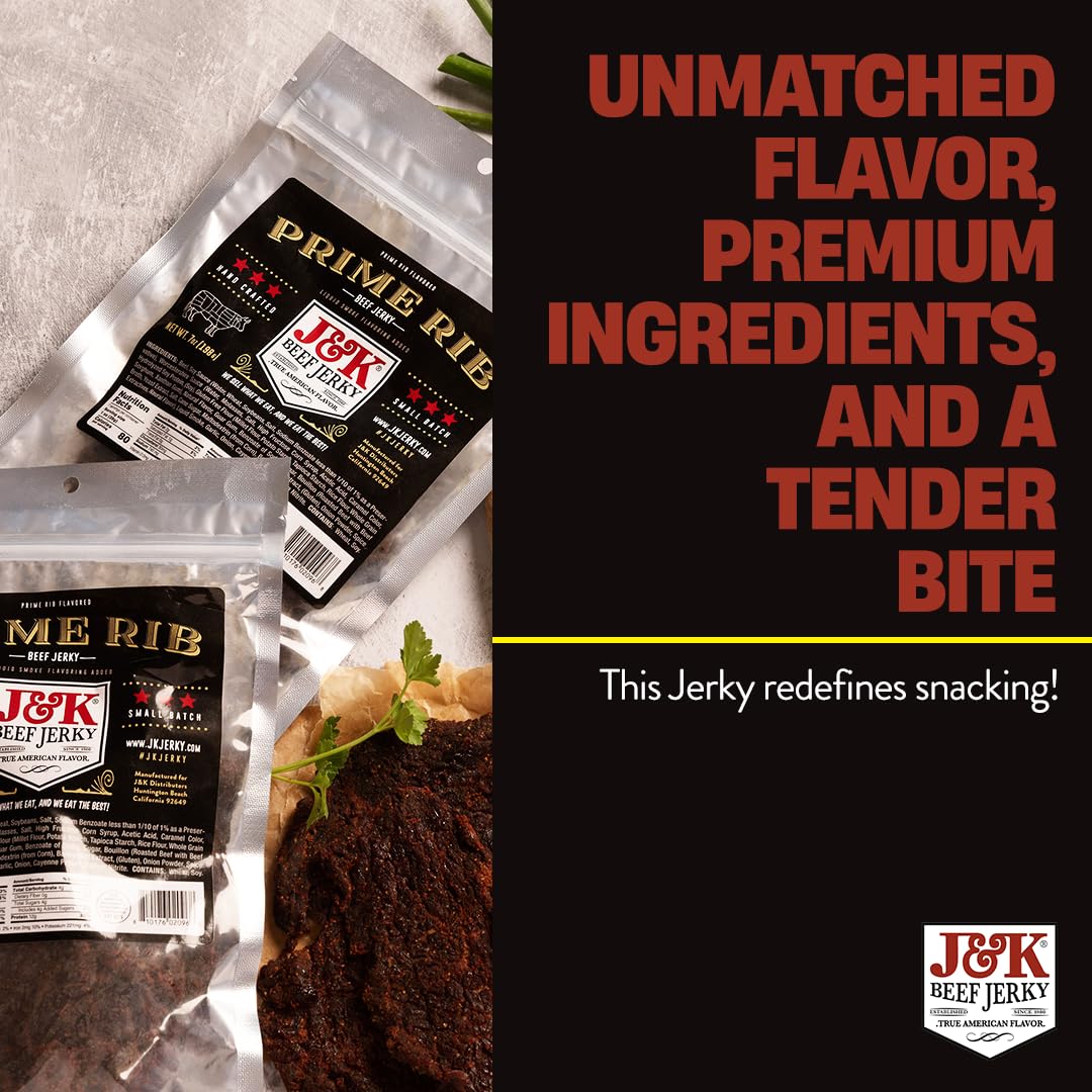 J&K Jerky Prime Rib Beef Jerky - Authentic American Made Slab Jerky for a Delicious Protein Snack - 7oz Big Bag of Jerky