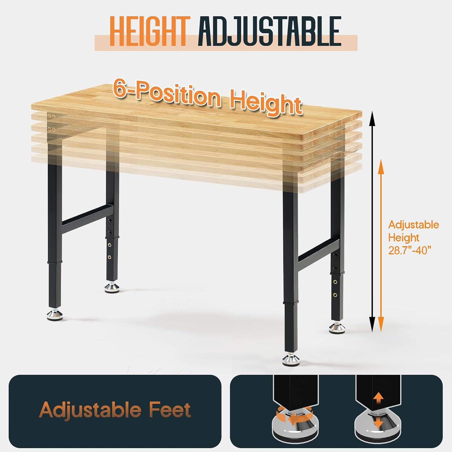 SPECRAFT Adjustable Black Heavy-Duty Workbench | 2000 Lbs Capacity, Rubber Wood Top, 4 AC Outlets and 2 USB Ports, for Garage, Workshop and Office
