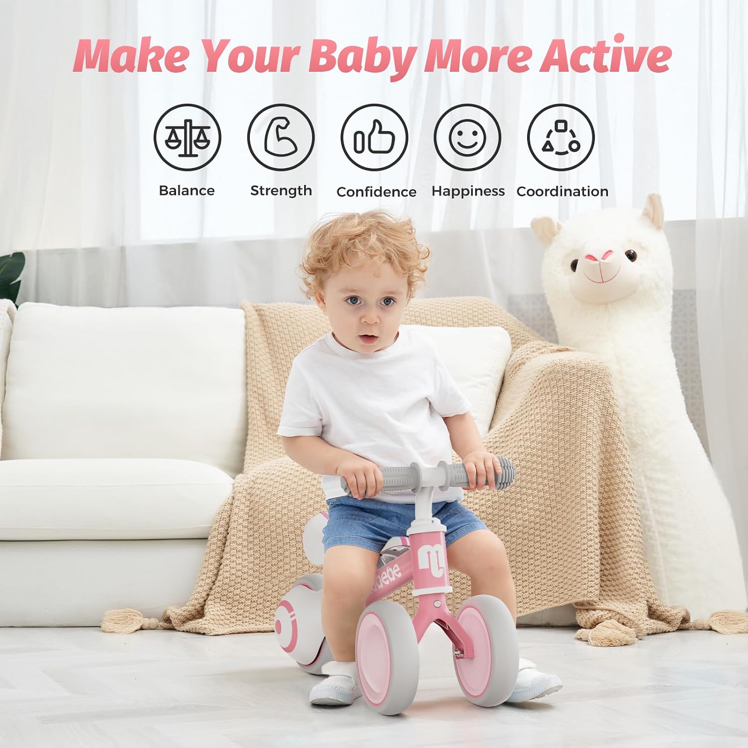 Baby Balance Bike, Cute Toddler Bikes 12-36 Months Gifts for 1 Year Old Girl Bike to Train Baby from Standing to Running with Adjustable Seat Silent & Soft 3 Wheels