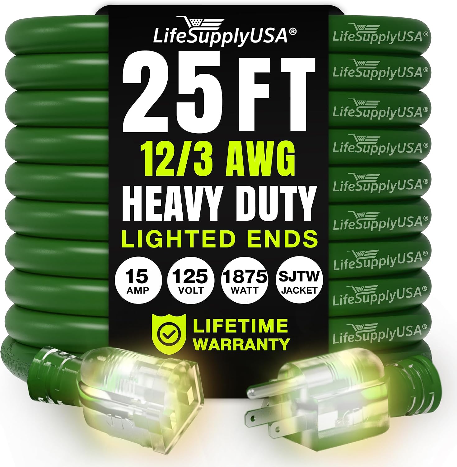 25ft Outdoor/Indoor Extension Cord 12/3 Gauge Extra Heavy Duty 3 Prong SJTW, Waterproof, Flexible Cold-Resistant Long Power Cord,15A 125V 1875W, Yellow by LifeSupplyUSA