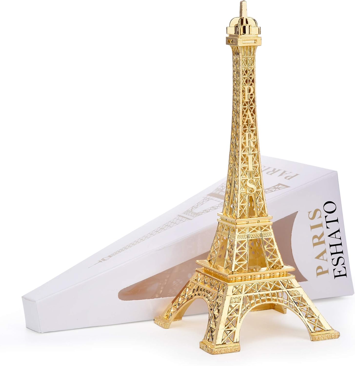 ESHATO Gold Metal Eiffel Tower Statue, 7inch Decorative Figurine Replica Stand Holder for Cake Topper Table Decor Gift Party Home Decoration