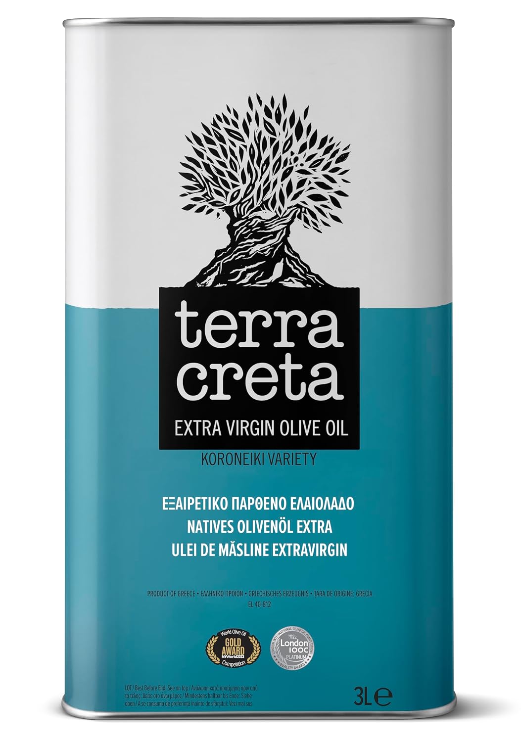 Terra Creta | Award Winning | Kolymvari Estates | 100% Pure Greek Olive Oil | Cold Extracted | Protective Designation of Origin | 3Ltr - (101.4 fl.oz) Tin
