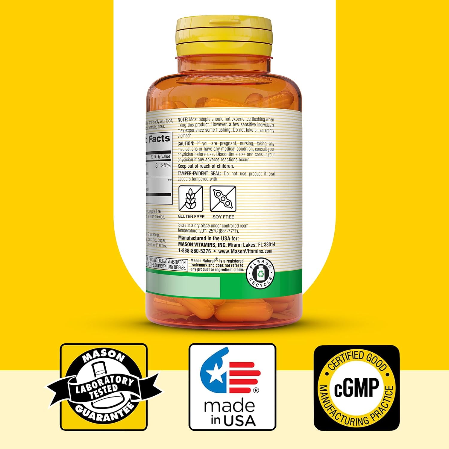 MASON NATURAL Niacin 500 mg Flush-Free, Supports Heart Health, Nervous System & Energy Production, 60 Capsules