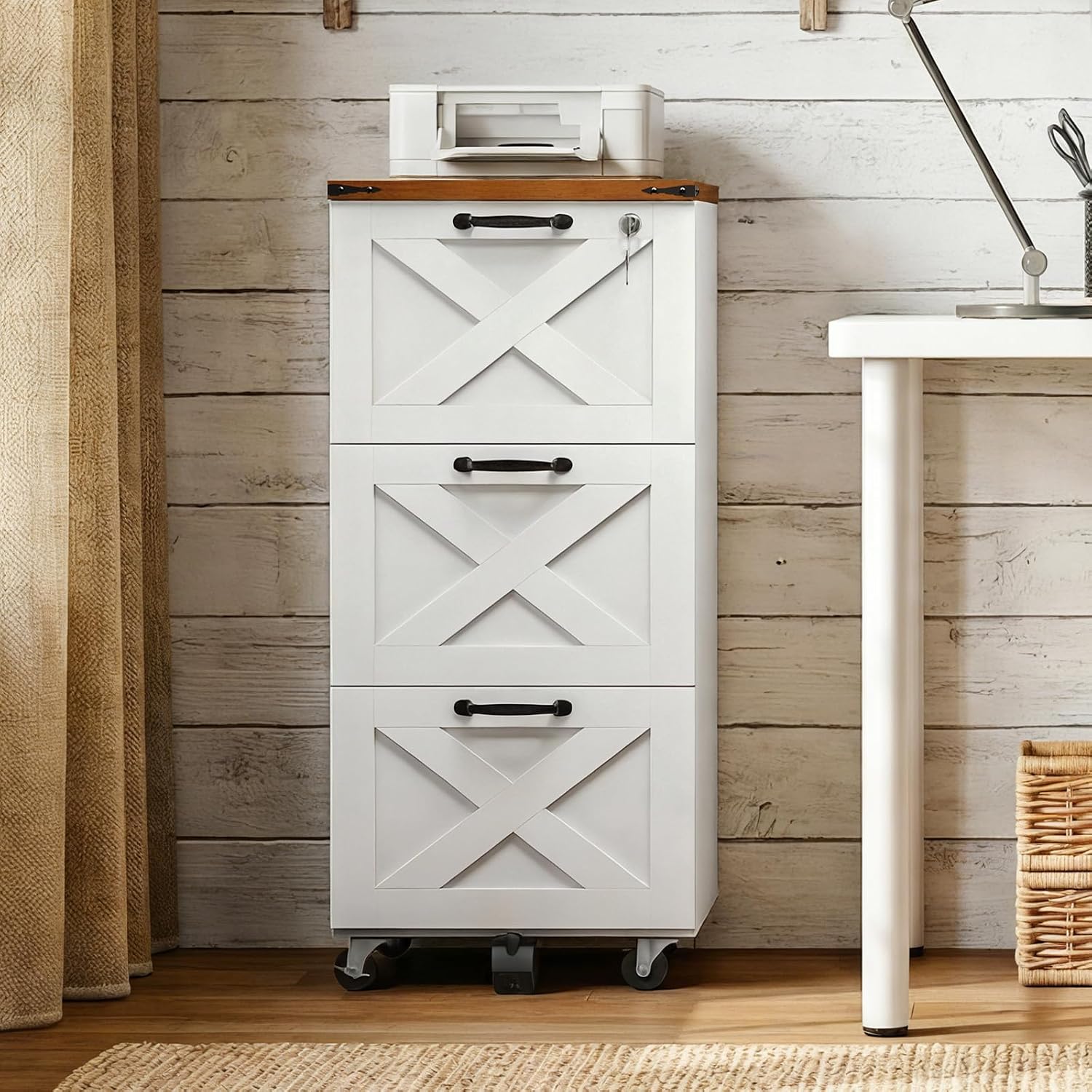 HOOBRO 3 Drawer File Cabinet with Lock, Mobile Filing Cabinet for Home Office, Wooden Farmhouse Office Storage Cabinet, Printer Stand Fits Letter and A4 Size, Walnut and White WH93WJ01G1