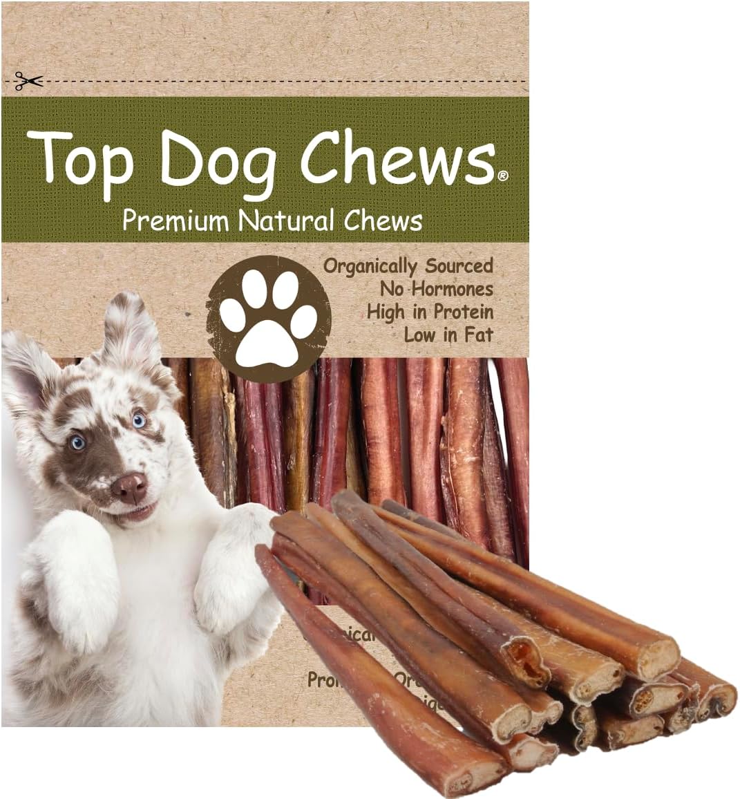 Top Dog Chews - 12 Inch Standard 12 Pack Bully Sticks, Long Lasting, 100% Natural Beef, Free Range Grass Fed, High Protein