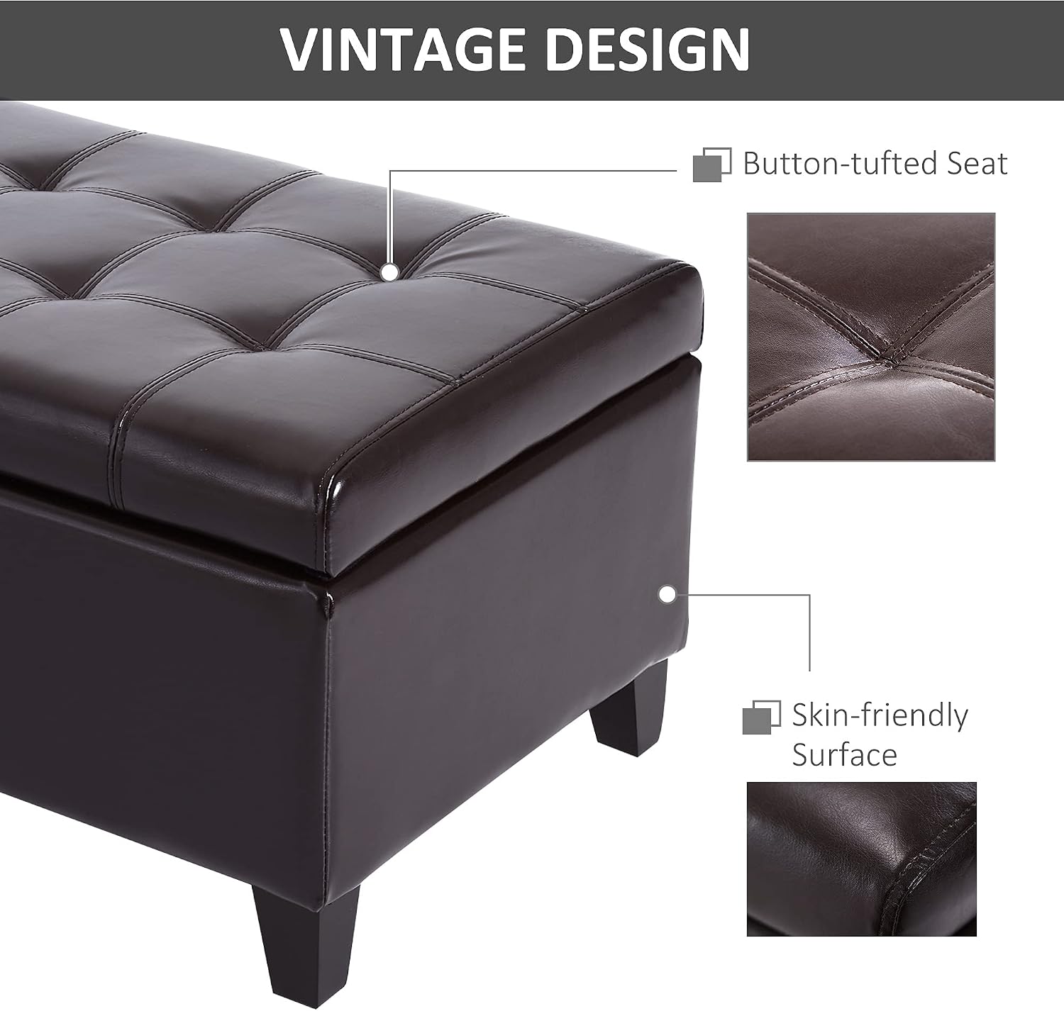 HOMCOM 51" Ottoman Storage Bench Faux Leather Storage Chest Black | Lift Top, Tufted Ottoman, Living Room, Entryway