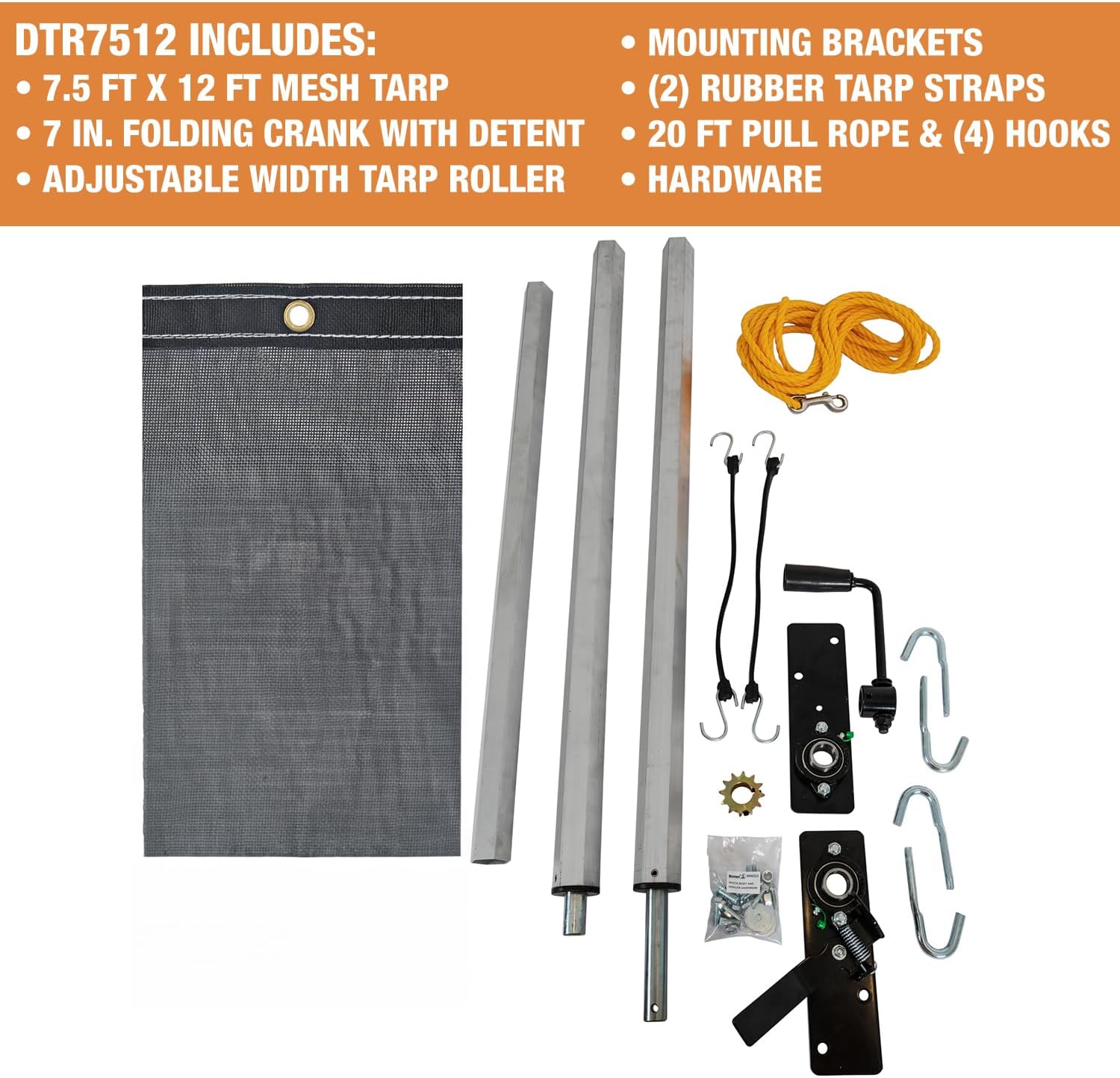 Buyers Products DTR7018 Aluminum Tarp System with Mesh Tarp, 7 x 18 Feet – Dump Body Tarp Kit, Dump Trailer Accessories, Heavy Duty Double-Stitched Hems, Brass Grommets, Telescoping Roller