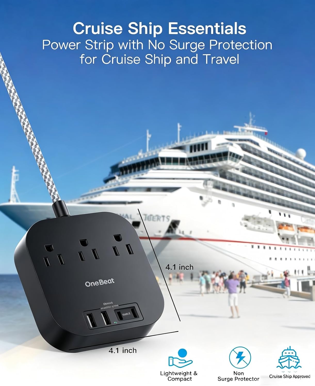 One Beat Power Strip with USB C, 3 Outlets 4 USB Ports (22.5W/4.5A), 6ft