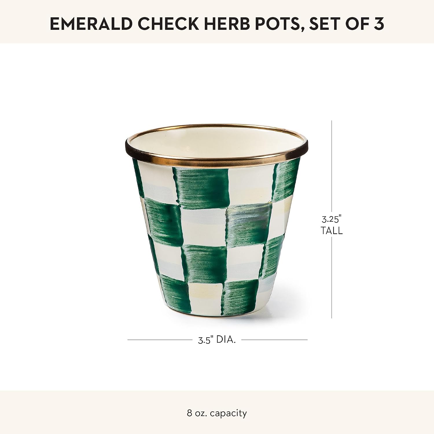 MACKENZIE-CHILDS Enamel Herb Pot Set, Small, Black-and-White Courtly Check | Hand-painted design, small plant pots for herbs or flowers, 8-ounce capacity per pot, set of 3
