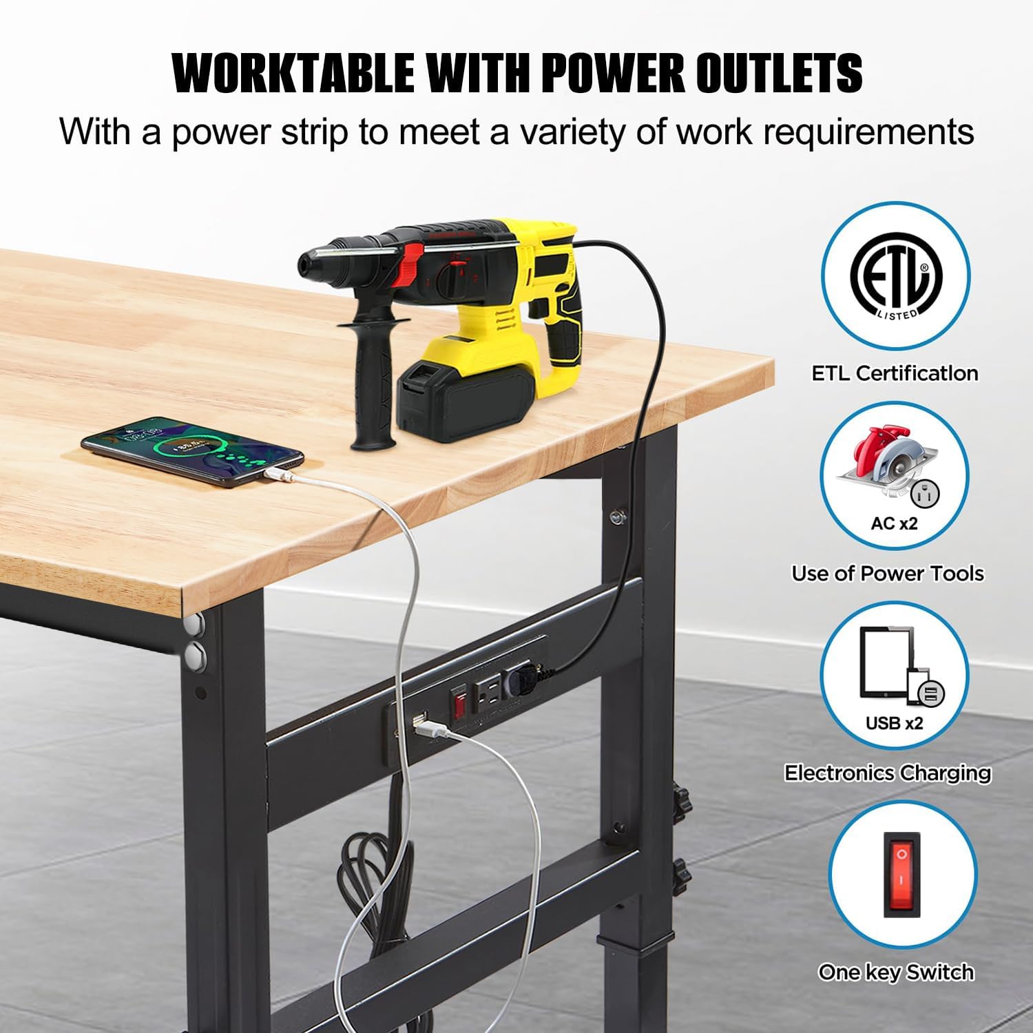 60in Adjustable Height Workbench Desk with Drawers,Power Outlets, Rubber Wood Top Heavy-Duty Work Table, 2000 LBS Load Capacity Work Station for Garage, Workshop, Office, Home