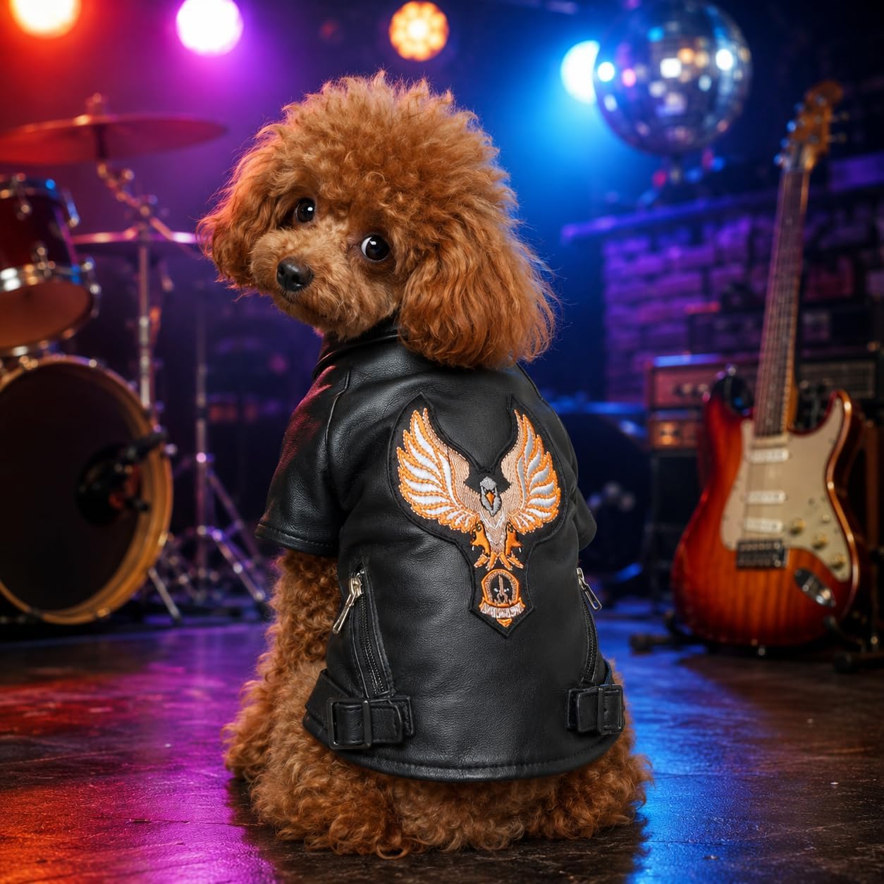 Lovelonglong Cool Dog Leather Jacket, Warm Coats Dogs Windproof Cold Weather Coats for Large Medium Small Dogs with Eagle Embroidery Black XS