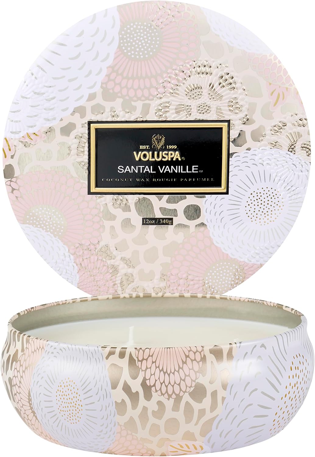 Voluspa Santal Vanille, 3 Wick Tin Candle, 12 oz, 40 Hour Burn Time, Coconut Wax for Clean Burning, Handcrafted in the USA