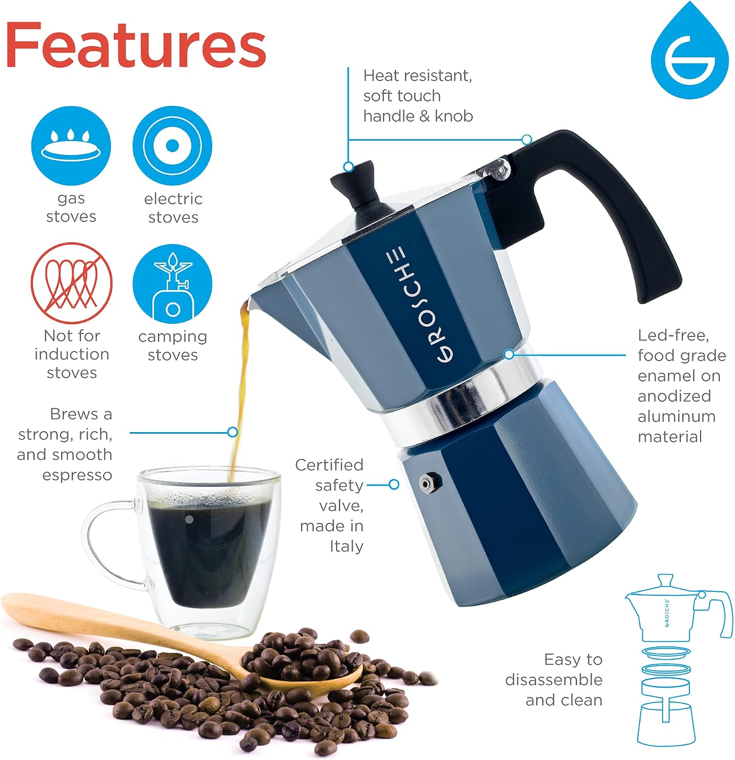 GROSCHE Milano Moka Pot | 9 Espresso Cup - 15.2 oz | Stovetop Espresso Percolator & Coffee Maker – Portable, Ideal for Home and Camping | Cuban Coffee Maker And Italian Moka Pot For Stovetop Espresso; For Gas, Electric, And Propane Stoves With A Soft-Tou…