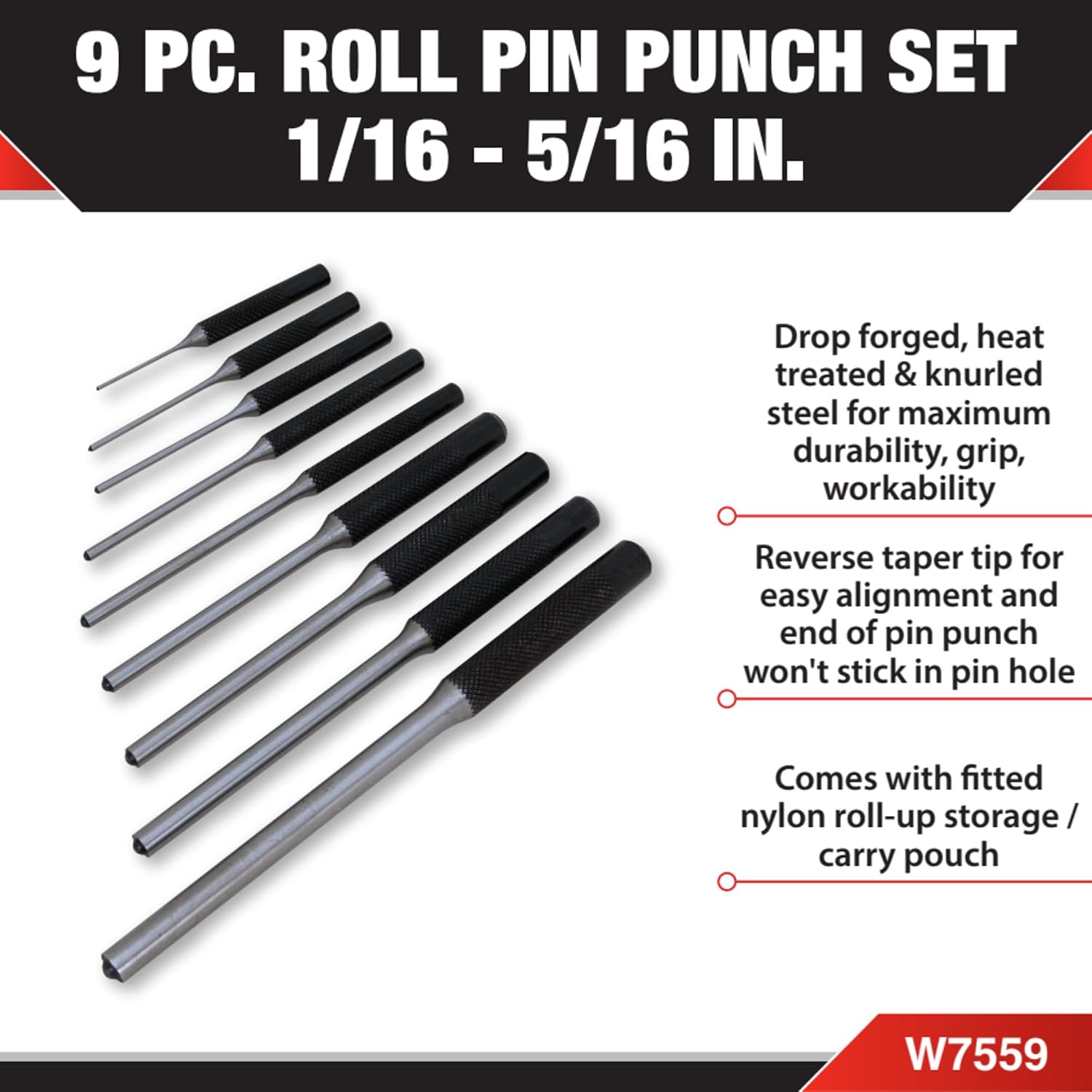 Performance Tool W758 5-Piece 8 in. Long Pin Punch Set | Carbon steel construction with hardened tips. Knurled handles for sure grip. Reaches deeply set pins
