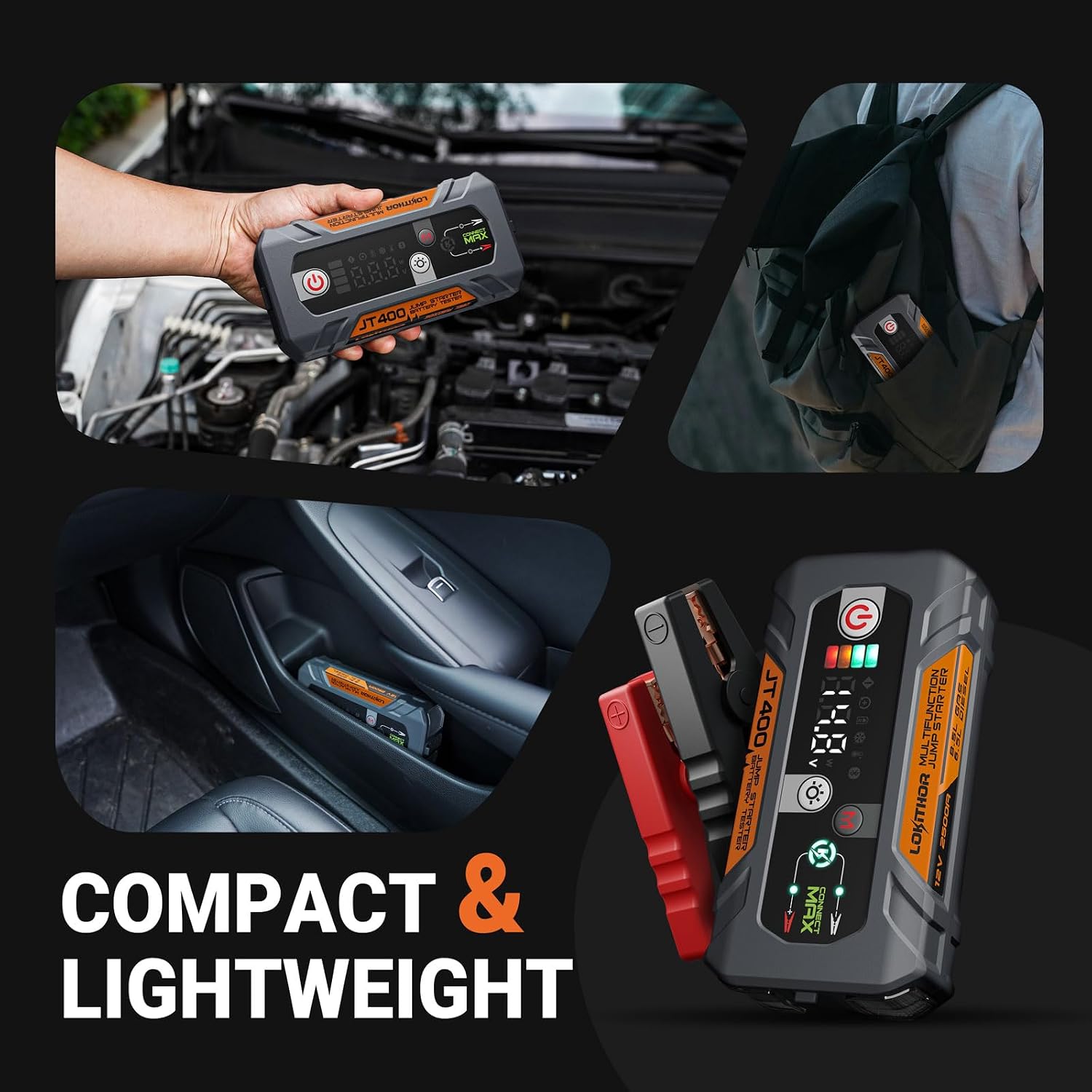 LOKITHOR JT400 2500A Portable Jump Starter with 100–2000 CCA Battery Tester, 12V Car Battery Jump Starter for Up to 8.5L Gas or 6.5L Diesel Engines, Smart Bluetooth Automotive Battery Load Tester