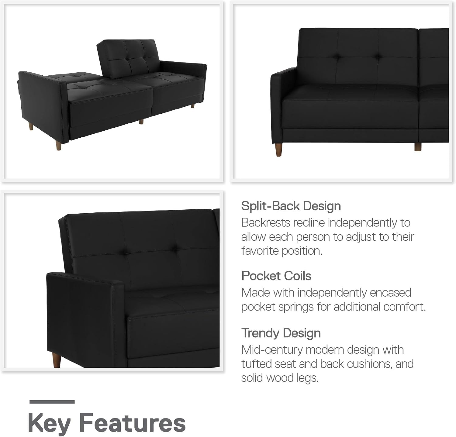 DHP Andora 76 Inch Futon Sofa Bed, Modern Upholstered Couch Sleeper with Button Tufted Back and Seat, Navy