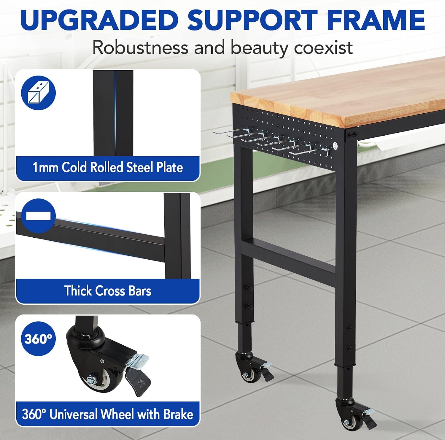 Workbench Adjustable 75' x 25', 2000 Lbs Load Capacity, 29.5"-38.4" Heights Garage Worktable with Universal Wheels & Power Outlet