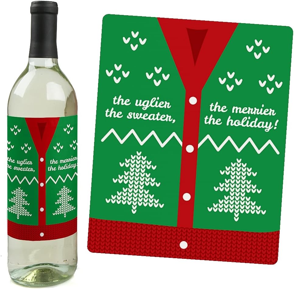 Big Dot of Happiness Ugly Sweater - Holiday and Christmas Wine Bottle Label Stickers - Set of 4