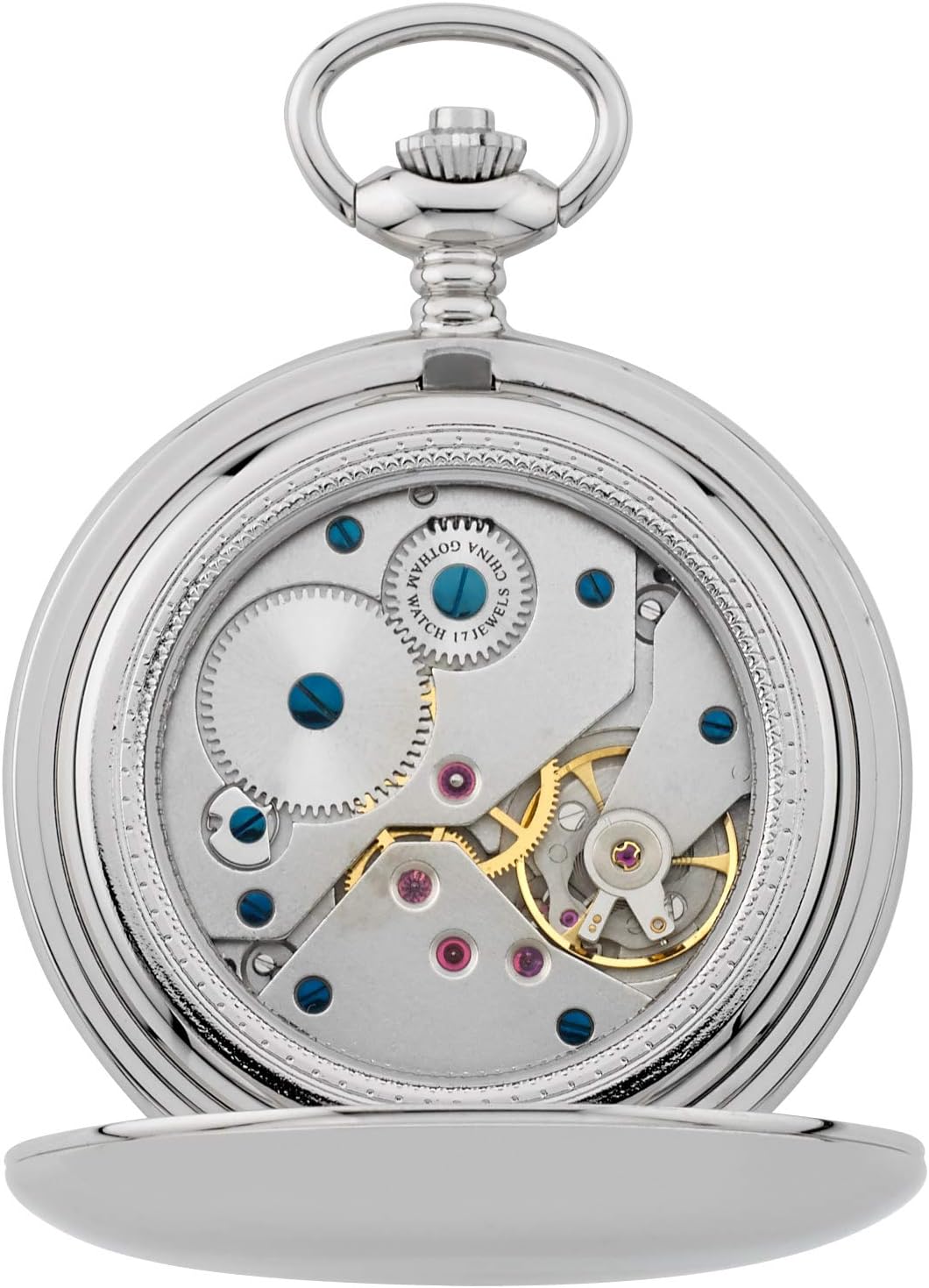 Gotham Men's Silver-Tone Railroad Dial Double Hunter 17 Jewel Mechanical Pocket Watch # GWC18806SB