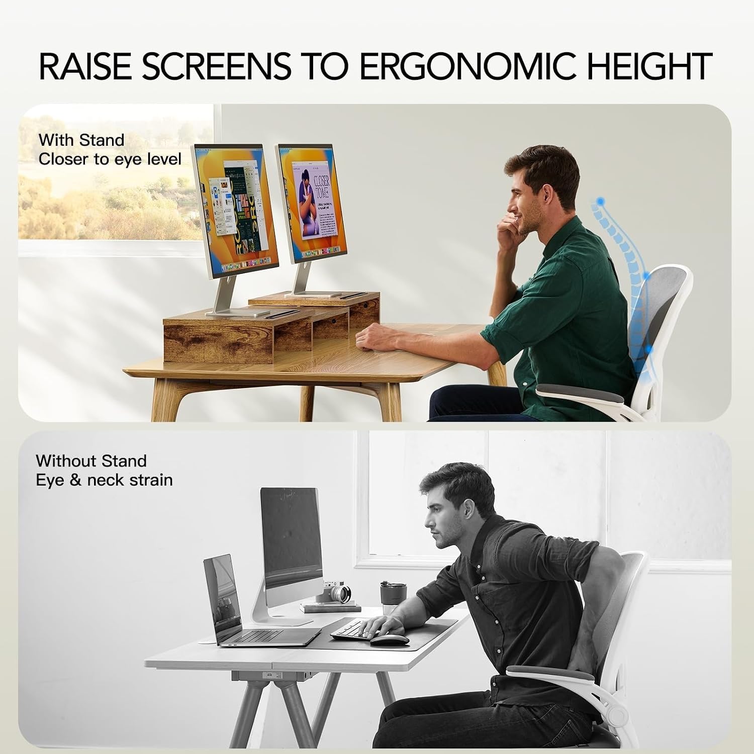 AMERIERGO Dual Monitor Stand Riser- 3 Shelf Screen Stand with Adjustable Length and Angle, 2 Extra Functional Slot Desktop Organizer Stand for PC