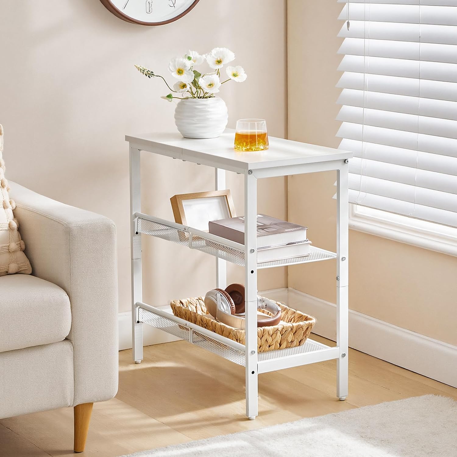 HOOBRO End Table, 3-Tier Narrow Side Table, Nightstand with 2 Flat or Slant Adjustable Shelves for Small Spaces, Hallway, Living Room, Bedroom, Sturdy
