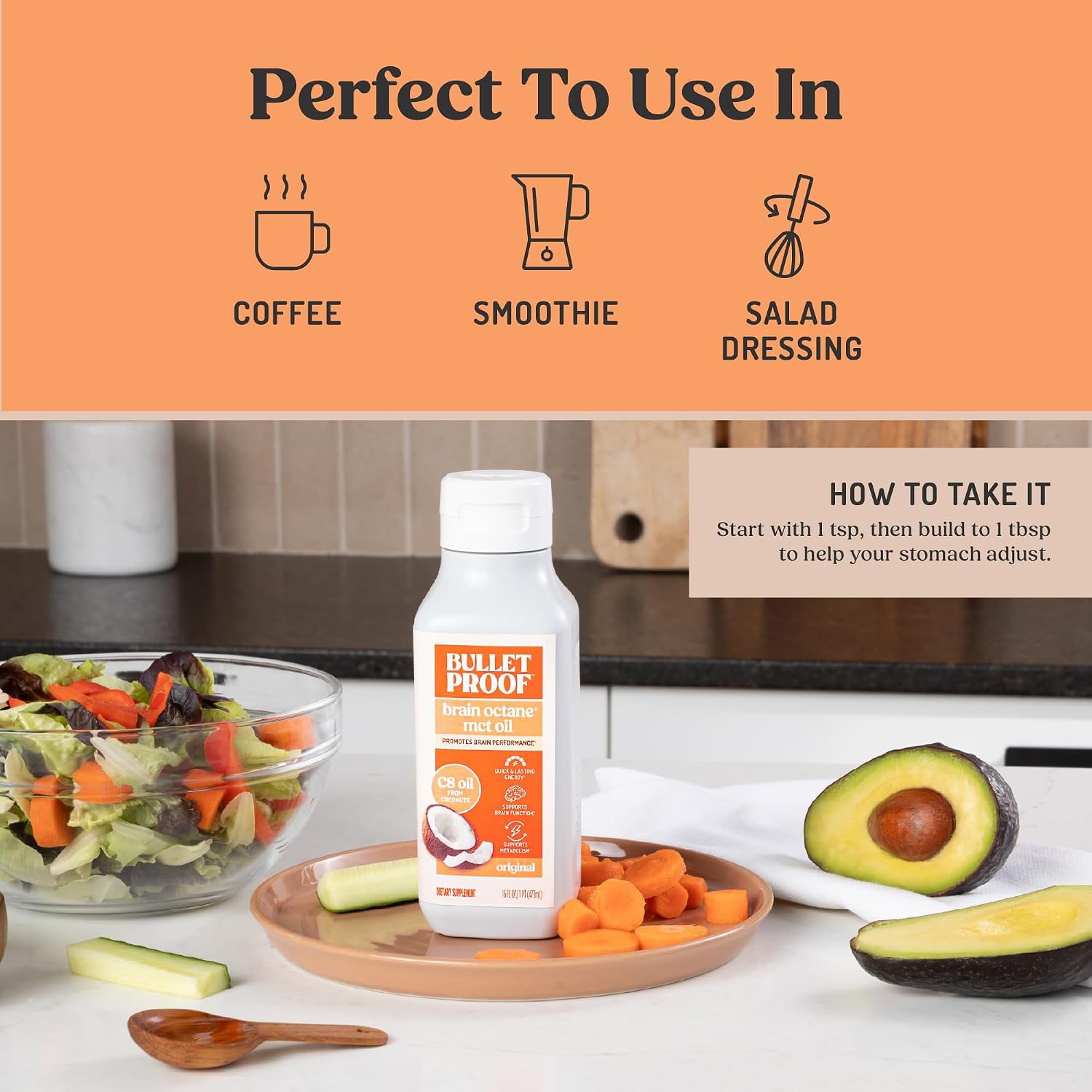 Bulletproof Brain Octane C8 MCT Oil, Non-GMO, 16 oz – 100% C8 from Coconut | 100% Pure Coconut Oil, Triple-Distilled Keto Energy Supplement for Coffee & Smoothies, Unflavored, No Additives, Non-GMO