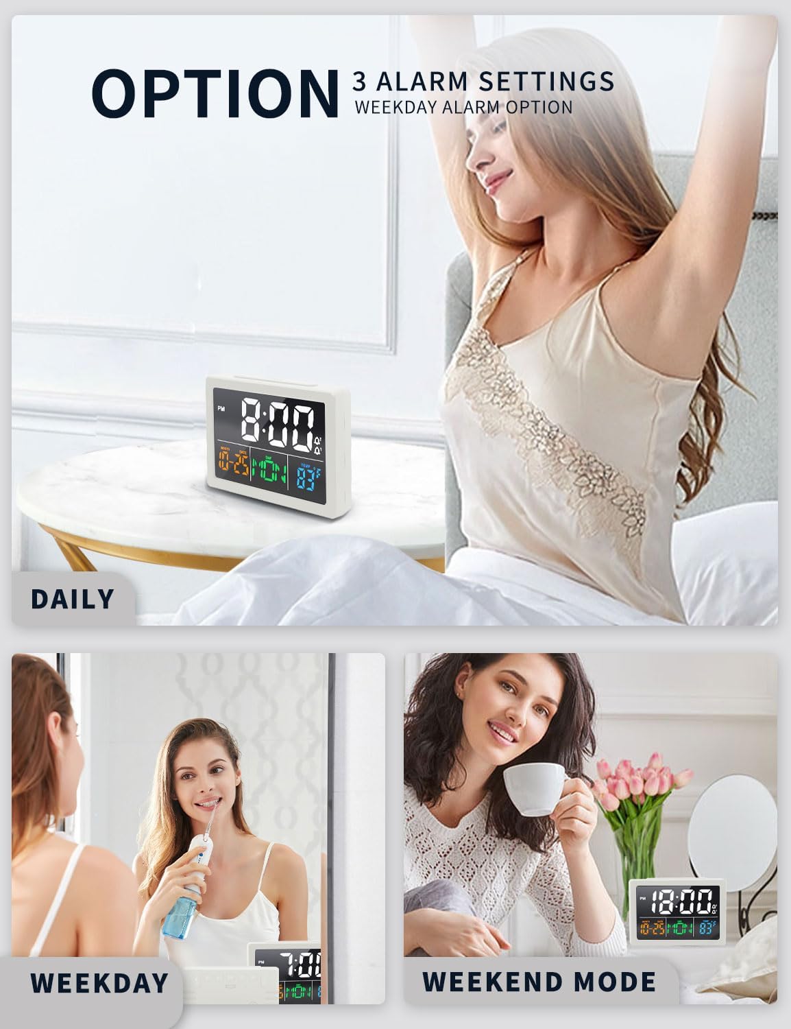 JALL Digital Clock with Date Day for Seniors, Electric Alarm Clocks for Bedrooms with Temperature, 2 Alarms, Dimmer, Dual USB Charger, Battery Backup