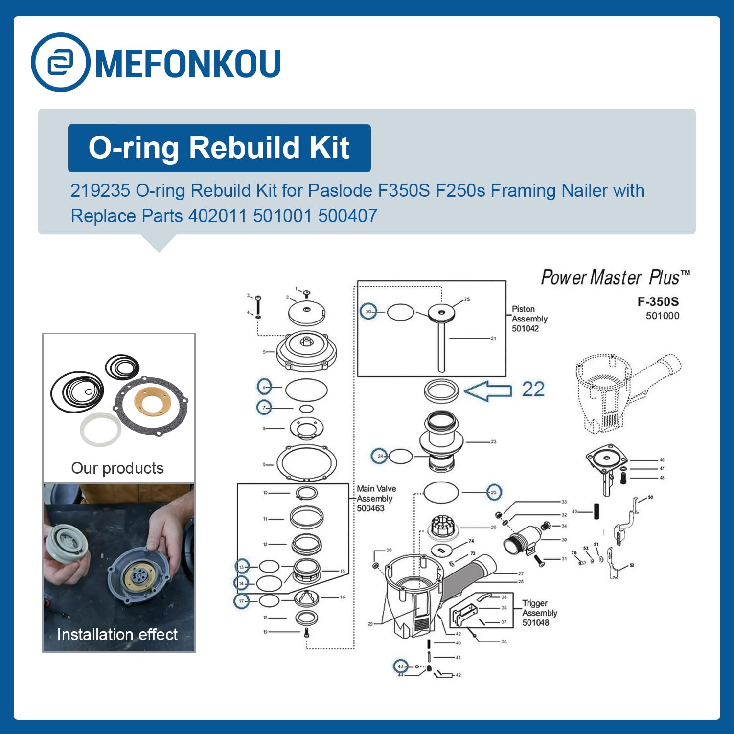 219235 O-Ring Repair Kit Replace Parts 402011 501001 500407 for Paslode F350S F250s Framing Nailer