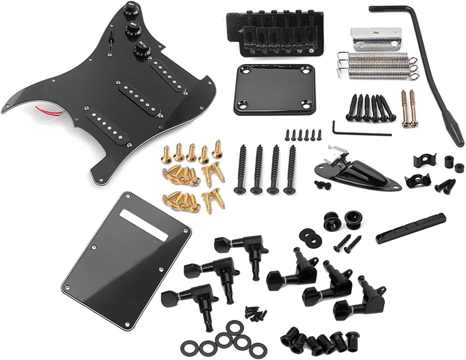 ST Electric Guitar DIY Kit Prewired Pickguard SSS Black | No-solder prewired pickguard. SSS Alnico pickups, 5-way switch. Tremolo bridge