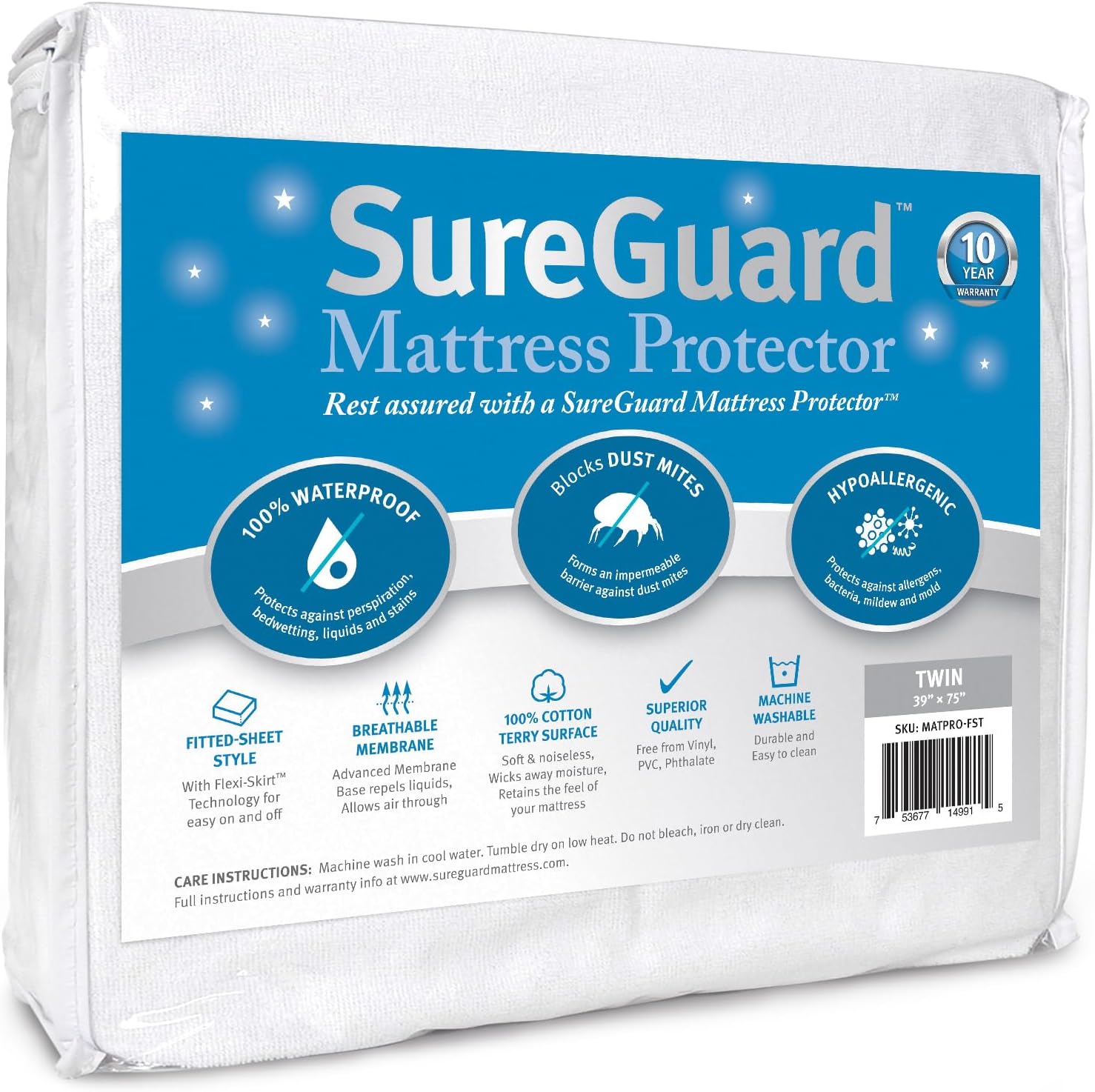 SureGuard Waterproof Mattress Protector, Queen Size Mattress Cover | Soft Noiseless Breathable Hypoallergenic Washable Mattress Pad, Stretchable Pockets fit Bed 6-20" Deep (Cotton Terry)