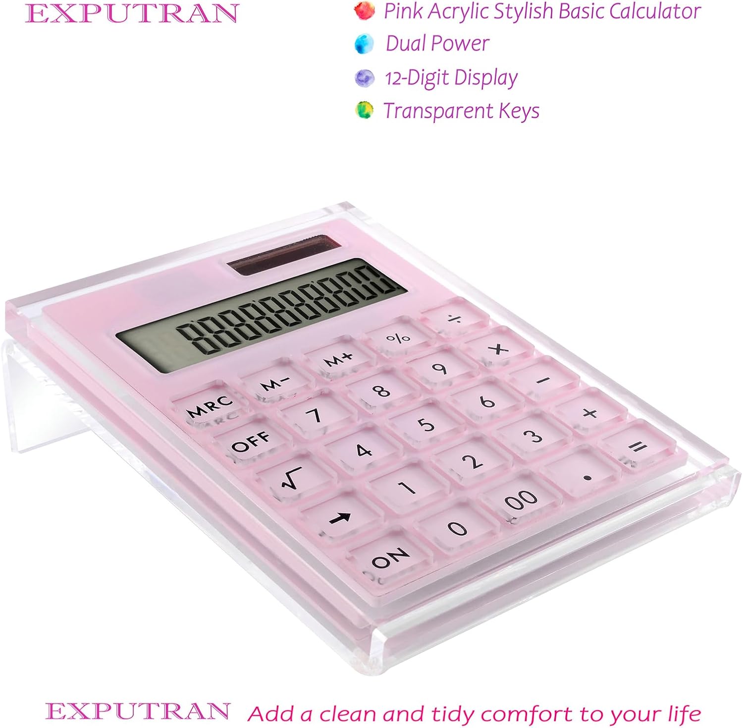 Acrylic Calculator with Stand, Battery and Solar Hybrid Powered Basic Calculator 12-Digit LCD Display,Home Office Desktop Accessories(Silver)