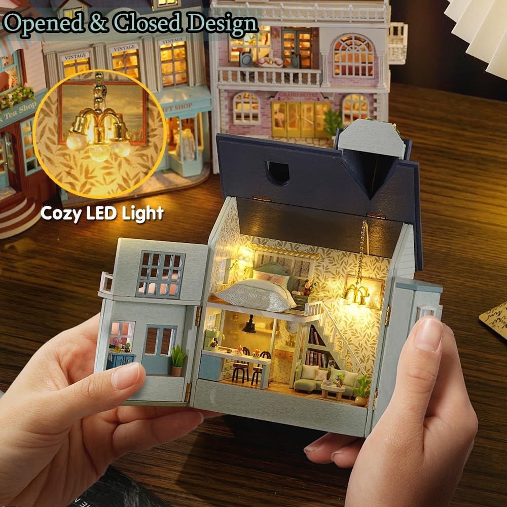 DIY Miniature Dollhouse Kit with Furniture Plus Dust Proof | 1:24 Scale Creative Room Mini Wooden Doll House Accessories for Kids Teens Adults Aged 14+(Beach Cottage)