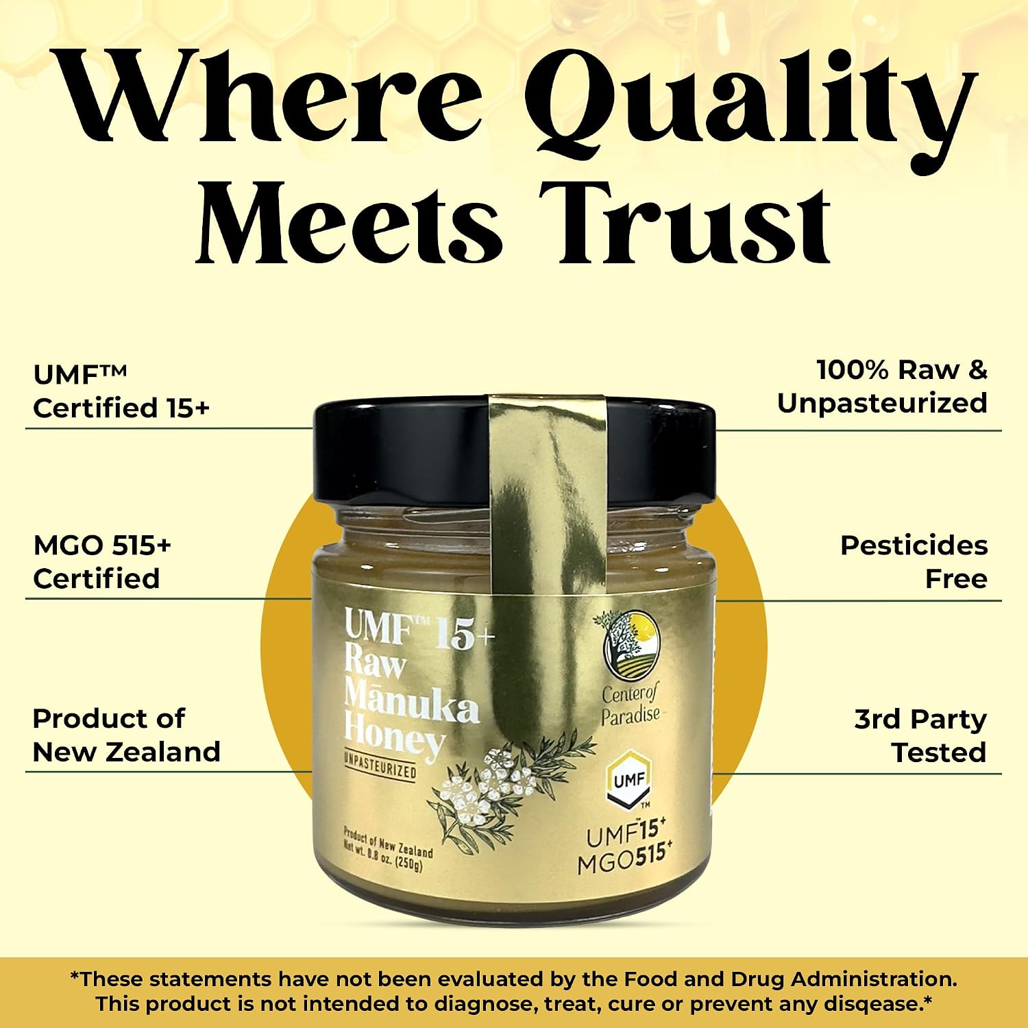 Center of Paradise Raw Manuka Honey Certified UMF 15+ | MGO 515+ (250g / 8.8oz) Glass Jar - Pure & Natural New Zealand Honey for Daily Immune
