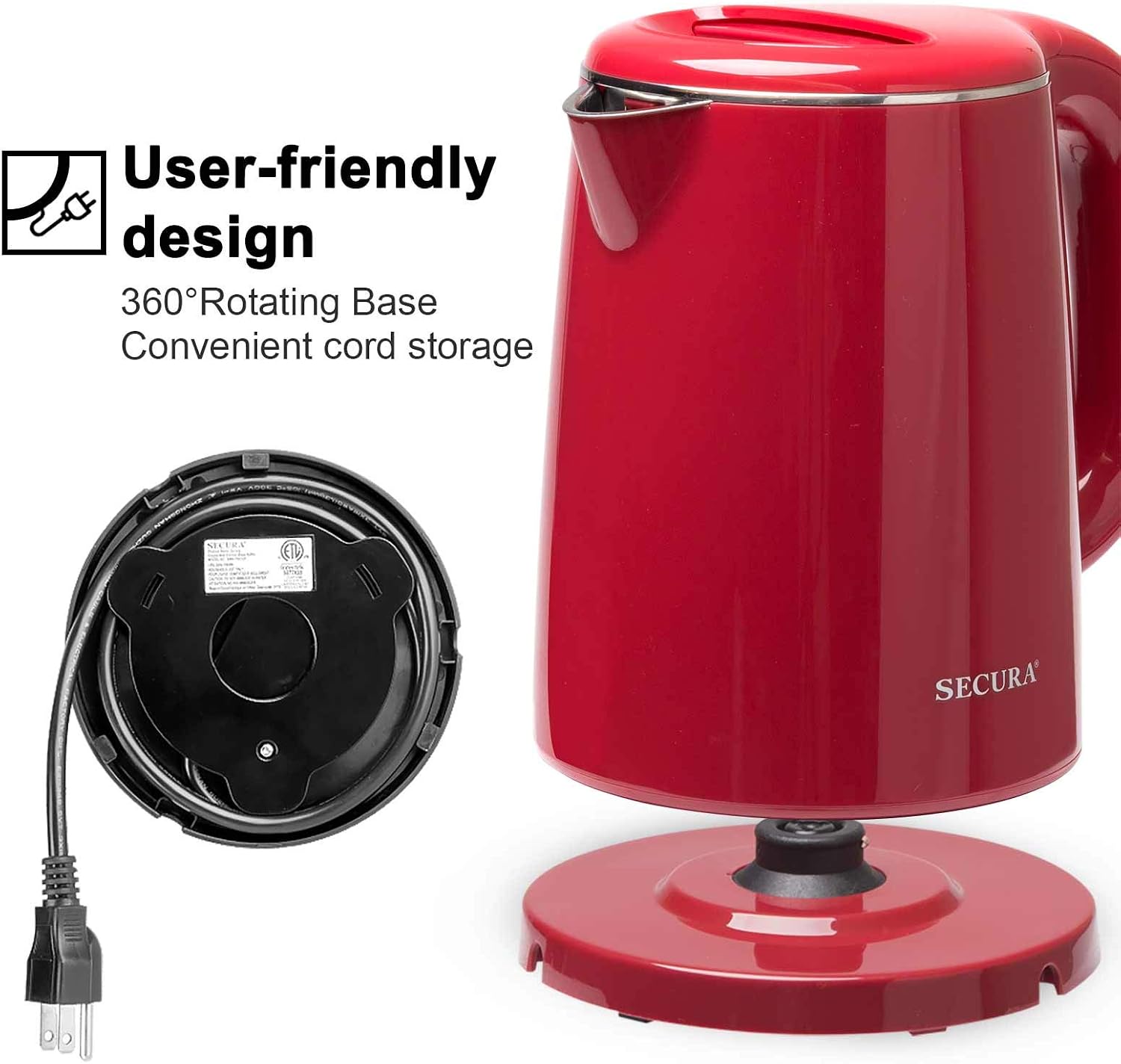 Secura Stainless Steel Double Wall Electric Kettle Water Heater for Tea Coffee w/Auto Shut-Off and Boil-Dry Protection, 1.0L (Orange) SWK-1001DO/HB-K012